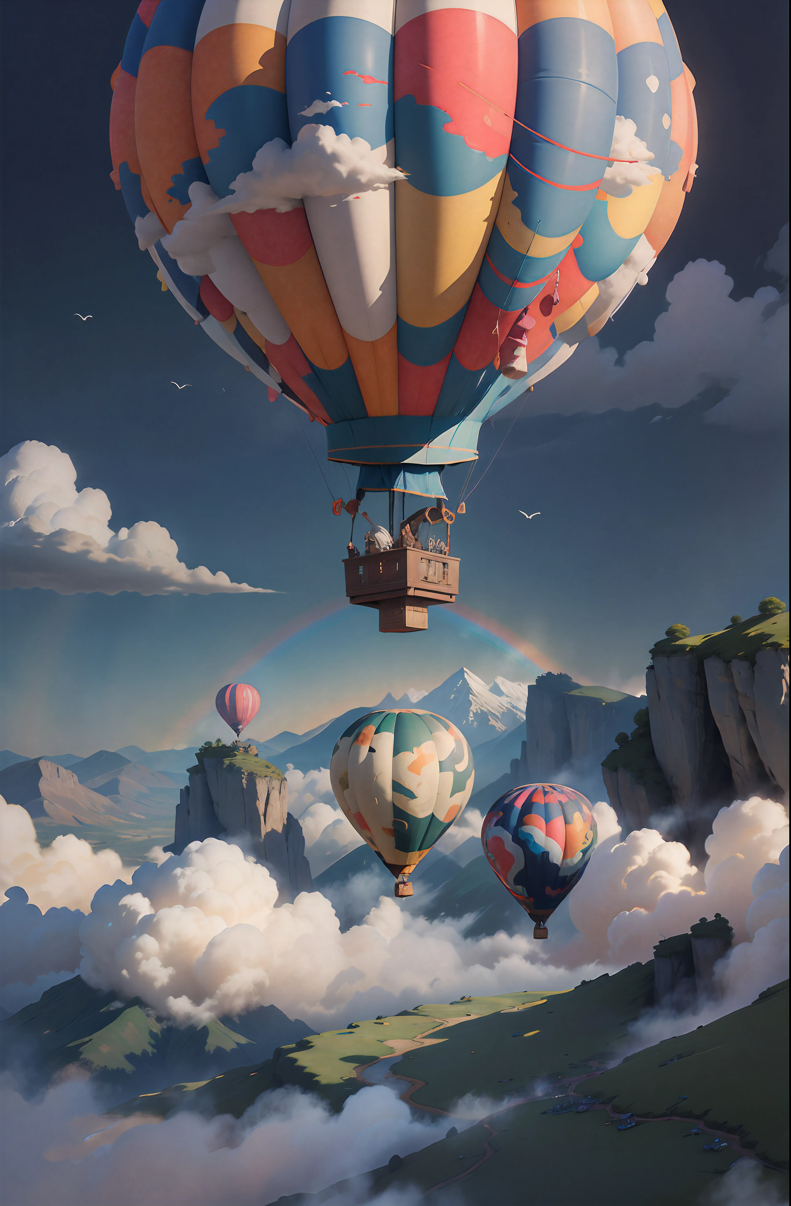 Detail elements：Colorful hot air balloons、Fluttering clouds、mountains in the distant、Soaring birds、Sun-drenched meadows、Splendid rainbow