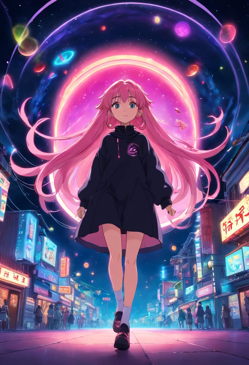 Woman with long pink hair, night time, Neon, flying saucer, kidnapping, galaxy background, neon lights, Black clothes with LED, 4k