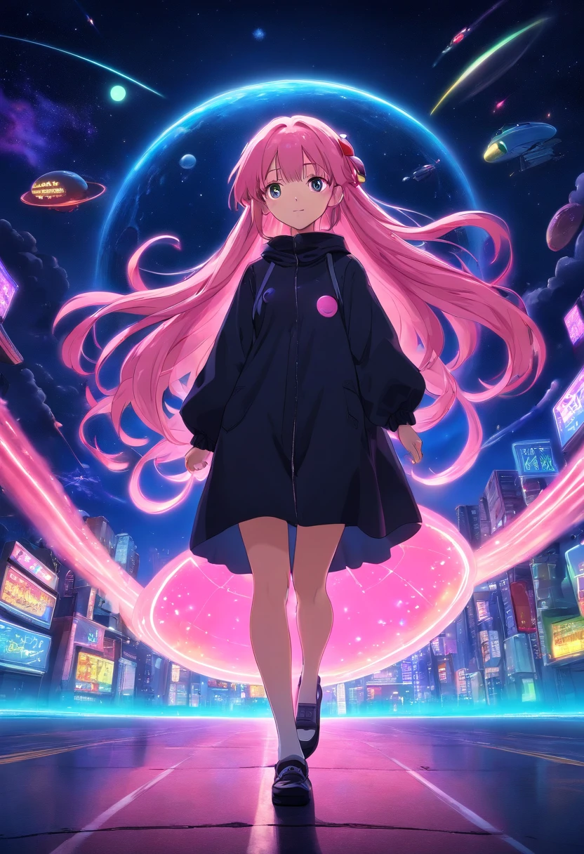 Woman with long pink hair, night time, Neon, flying saucer, kidnapping, galaxy background, neon lights, Black clothes with LED, 4k