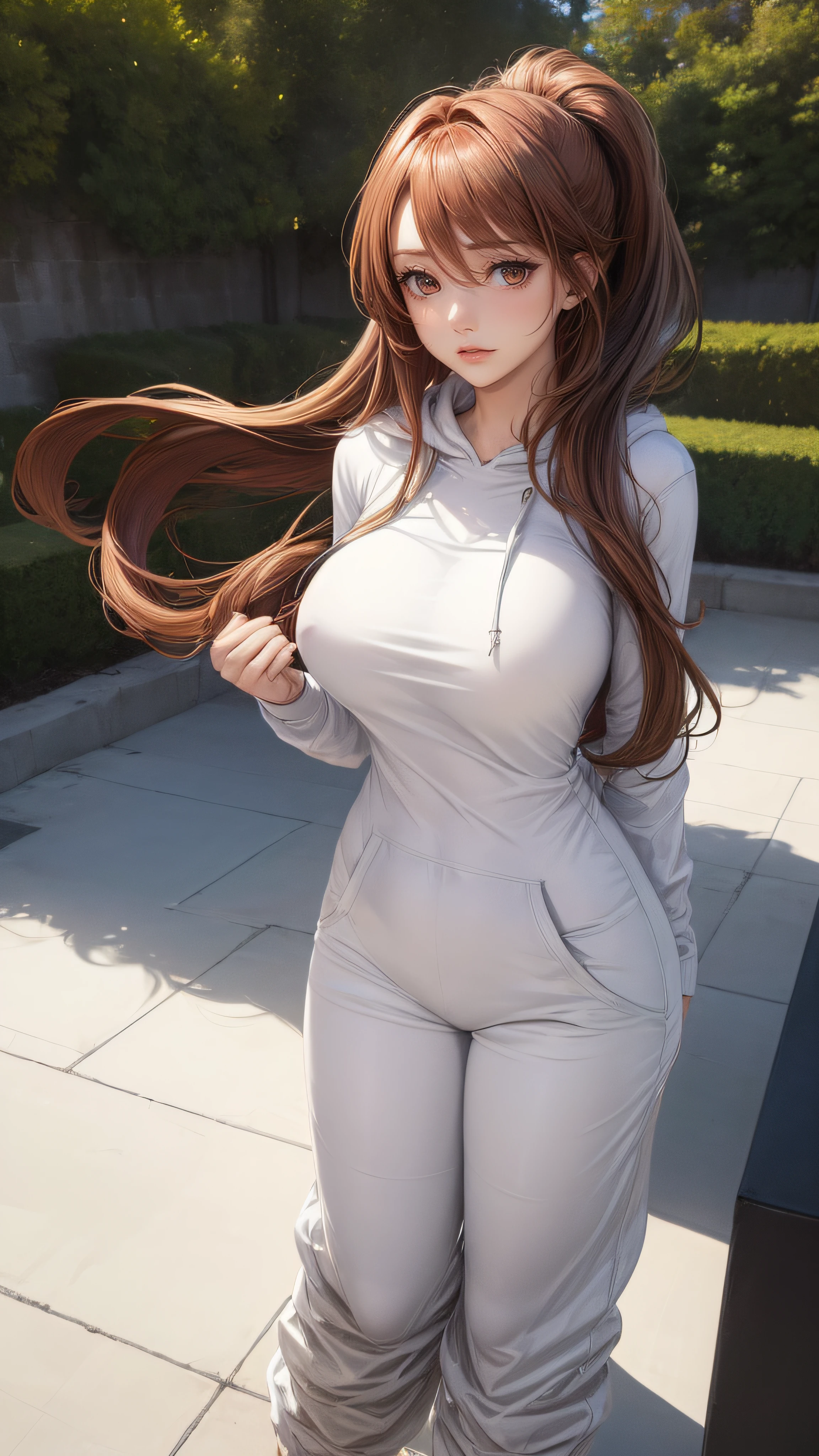 ((1girl:1.5),curvy,petite,beautiful breasts,(gigantic breasts),pale skin,erect nipples),((realistic),high resolution,best quality,masterpiece,(Sense of presence:1.5),(Dynamic:1.5),(bold:1.5)),(((extra long High ponytail),(thin hair:1.5),(straight hair),Swept bangs,(extra light coppery red hair),(hair over one eye),hair blowing in the wind)),(pool side,sunlight),((clothed:1.5),baggy white pullover hoodie,baggy pants)