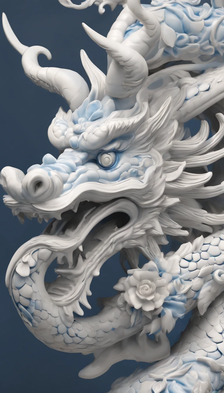 Blue and white porcelain,Ceramic Chinese dragon，Ancient style，artwork of a，Packing outer box，Ornaments， High detail,。.。.。.3D， Chiaroscuro, Cinematic lighting, god light, Cinematic lighting, hyper HD, High details, Best quality, A high resolution, Textured skin