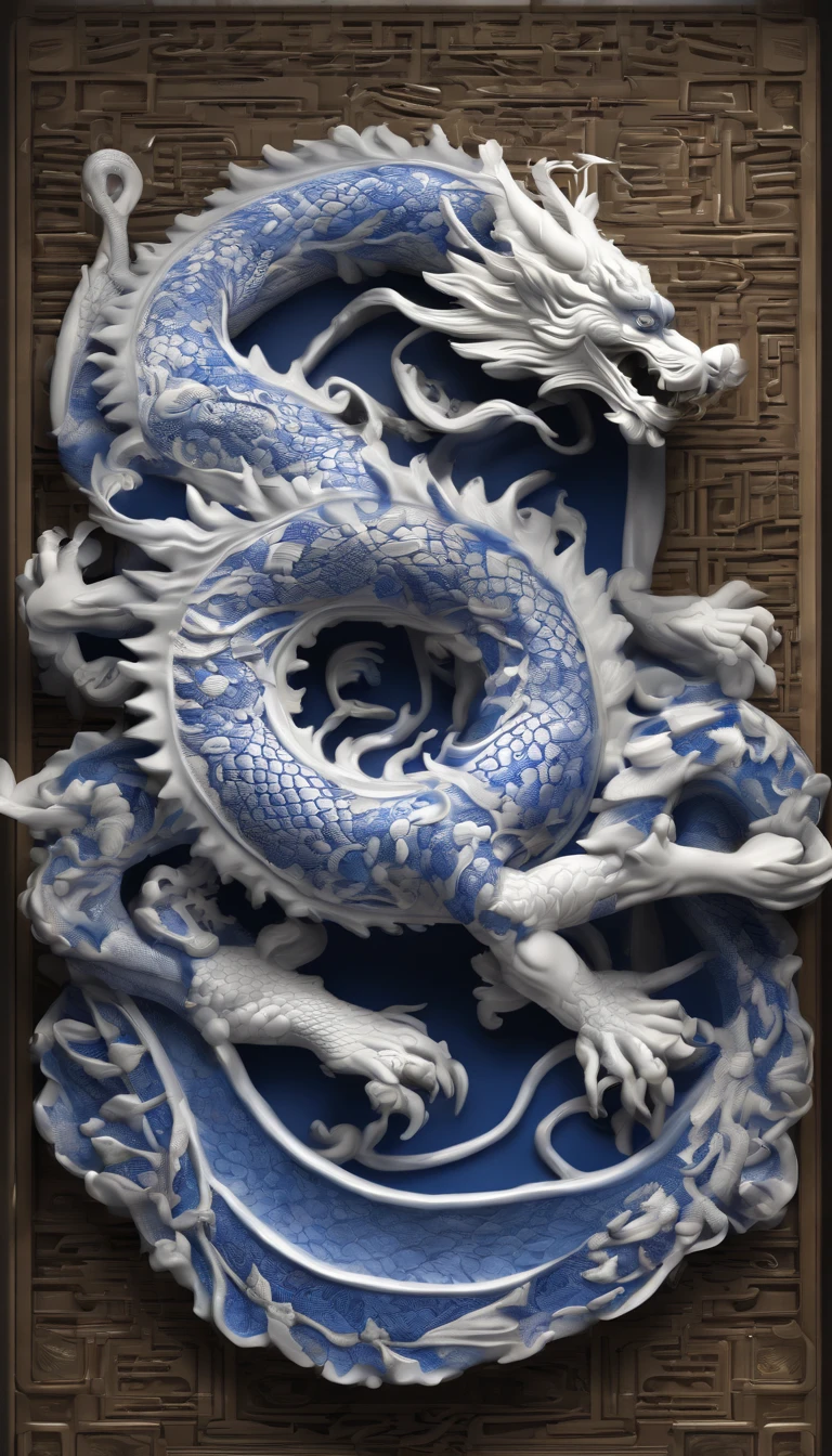 Blue and white porcelain,Ceramic Chinese dragon，Ancient style，artwork of a，Packing outer box，Ornaments， High detail,。.。.。.3D， Chiaroscuro, Cinematic lighting, god light, Cinematic lighting, hyper HD, High details, Best quality, A high resolution, Textured skin