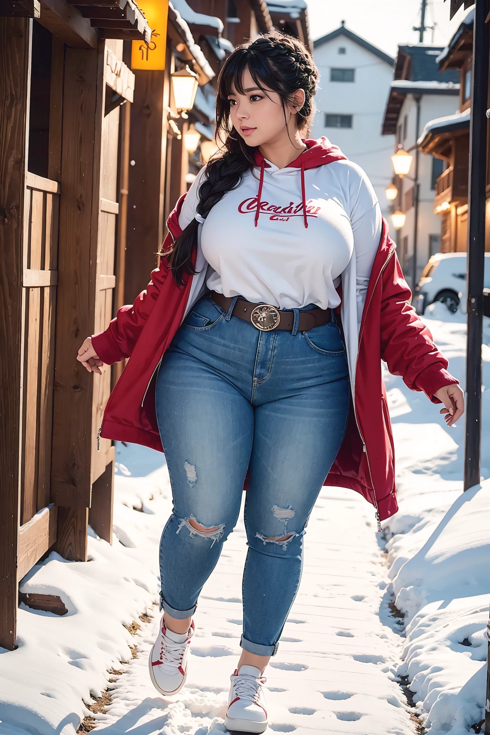 Beautiful sensual woman with a curvy body, long hair, bangs, french braid, widest waist, fitting breasts, curvy accentuated booty, sparkling eyes, long eyelashes, thick thighs, Strong calves, shy Look, taniaayusiregar, She wears a red hoodie, jeans, belt, yellow sneakers, strolling through a Mountain village, looking at old buildings, evening in Winter, snow, photorealistic, Masterpiece, bokeh, Volumetric lighting, winter season atmosphere, full body shot from the front