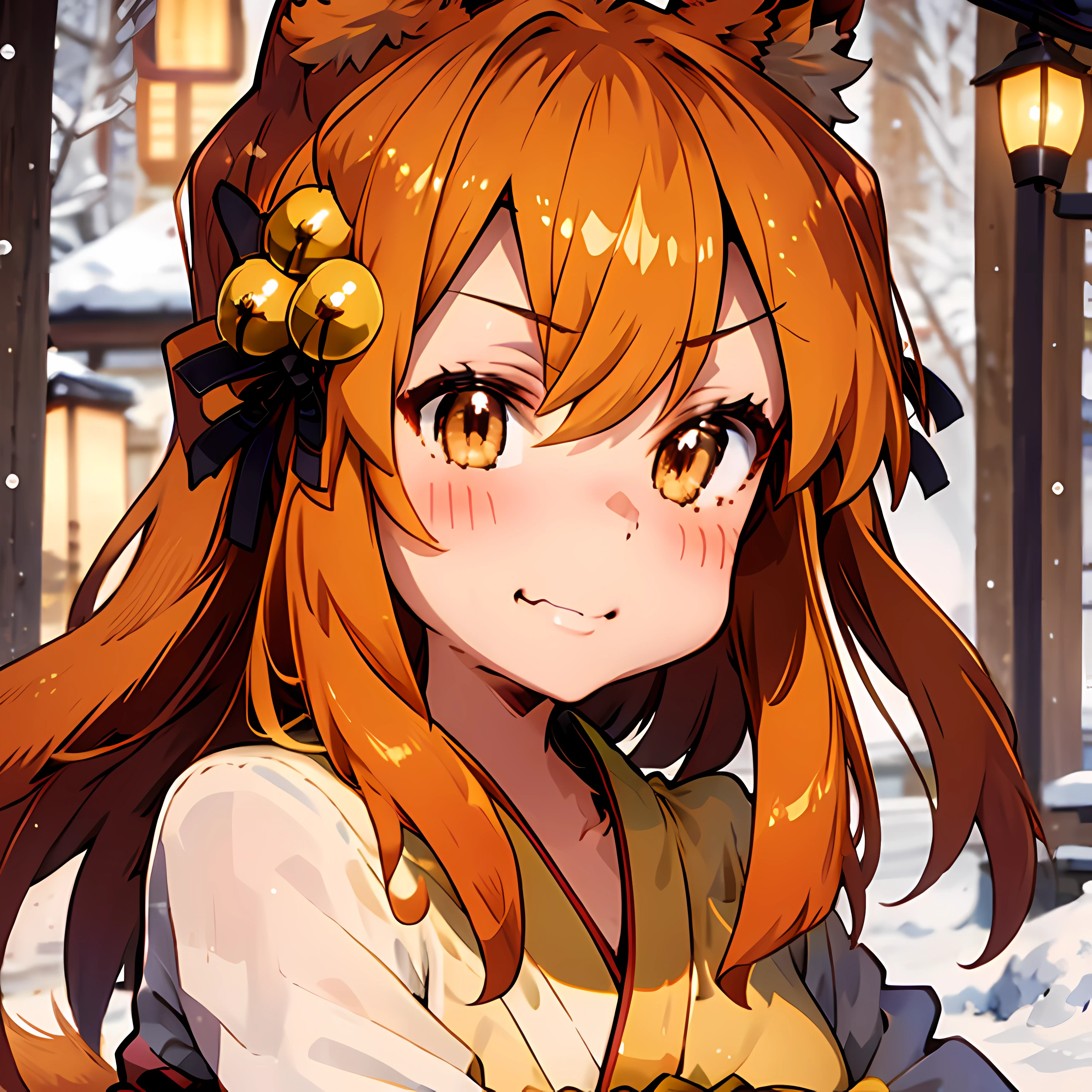 Masterpiece, Best Quality, perfect lighting, 1girl, 独奏, suzu, Fox ears, Foxtail, Brown eyes, orange hair, Yellow kimono miko, bell hair ornament, Medium Hair, ahoge, Hair between the eyes, Standing, Smile, winter, snowing, nighttime, snowing, looking a viewer, (cold breath:1.4), (jitome:1),