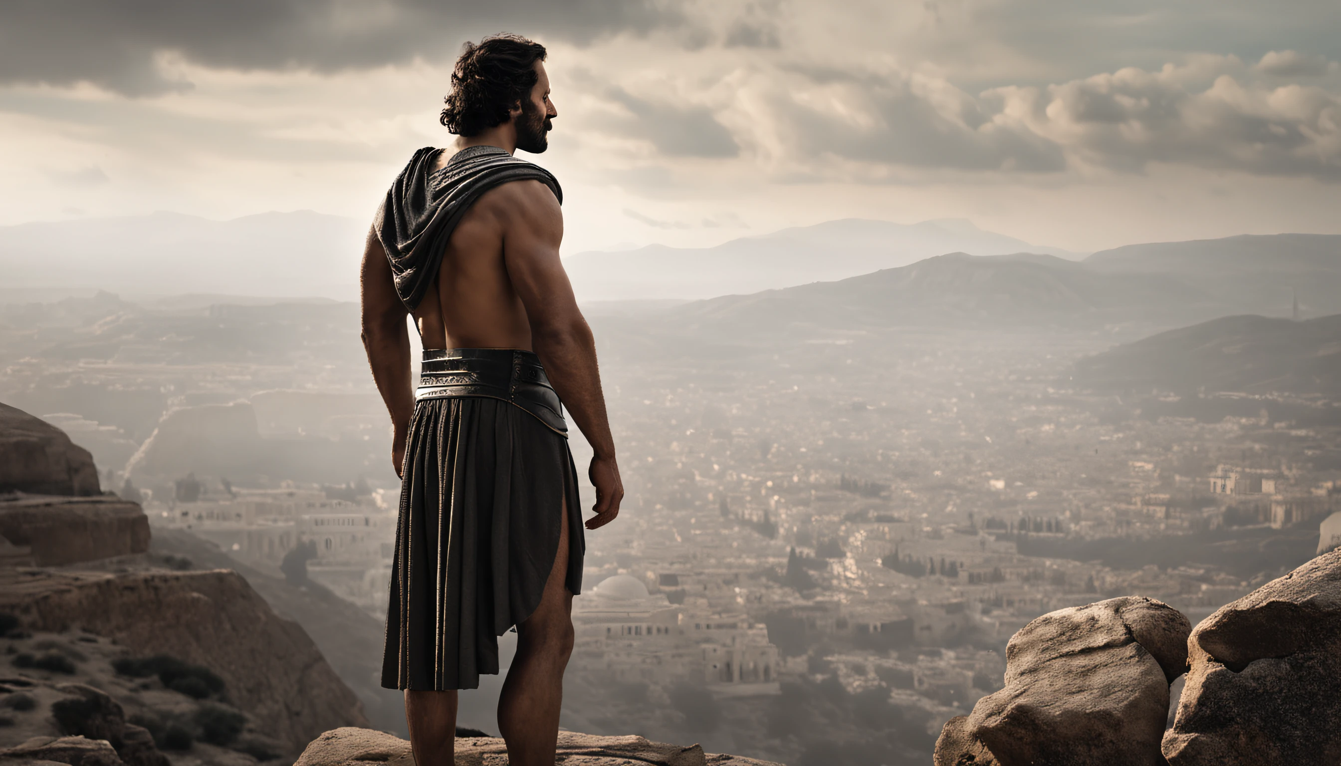 A profile portrait of a stoic and muscular ancient Greek man. He's looking away thoughtfully with a serene expression. He is wearing a short tunic that leaves his defined musculature on display. He is standing on a rocky hill watching the landscape in the background. In the distance one can see the silhouette of an ancient Greek city in dark and smoky tones, as if covered by the mist of time. There are ancient columns and architectural structures in the distance. The man seems serene and wise, as a Stoic philosopher contemplating the passage of time and the cyclical nature of life in the citadel.