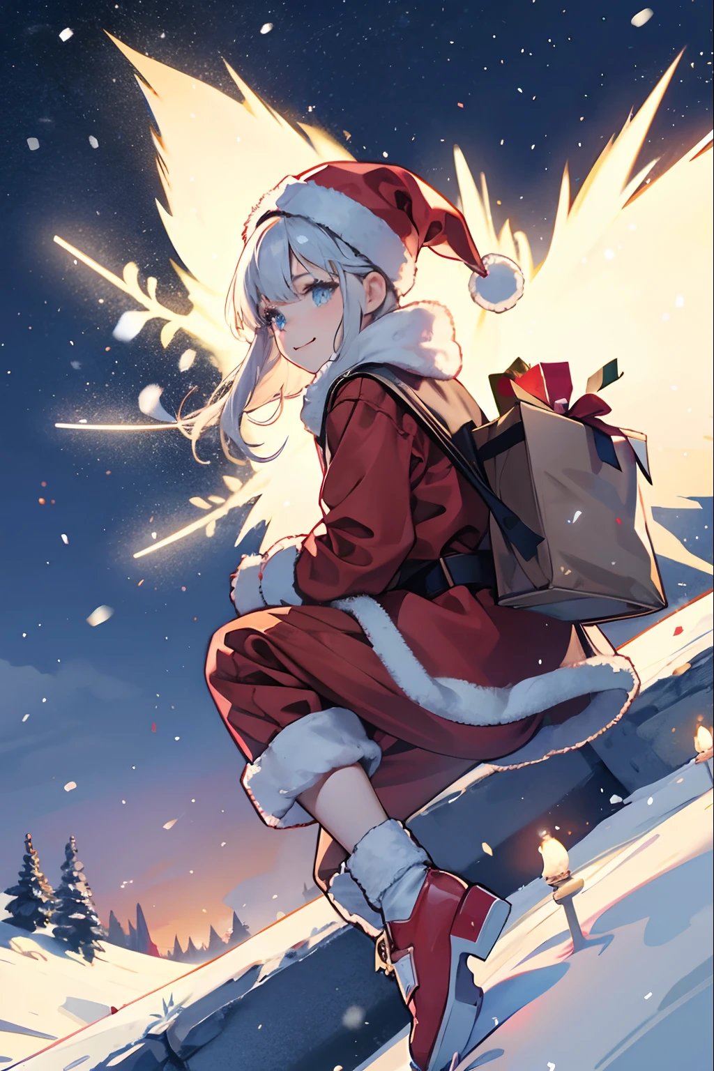 Santa Claus happily carrying presents、Santa is a pretty girl、Stars in the eyes(kirakira)、Eye Up、Laugh、Cute red shoes、foco nítido, Ultra Detail, radiant light、bio luminescent、snowscape、It's snowing、Snowboard Riding、Draw a large snowflake in the foreground、Taken from the side、Stronger bokeh effect
