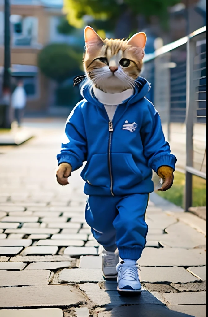 a cute little cat，Wearing a blue hooded casual suit，White sneakers，Bring headphones，Pleasant expression，Cute digital illustration art，tmasterpiece，best qualtiy， Abstractionism