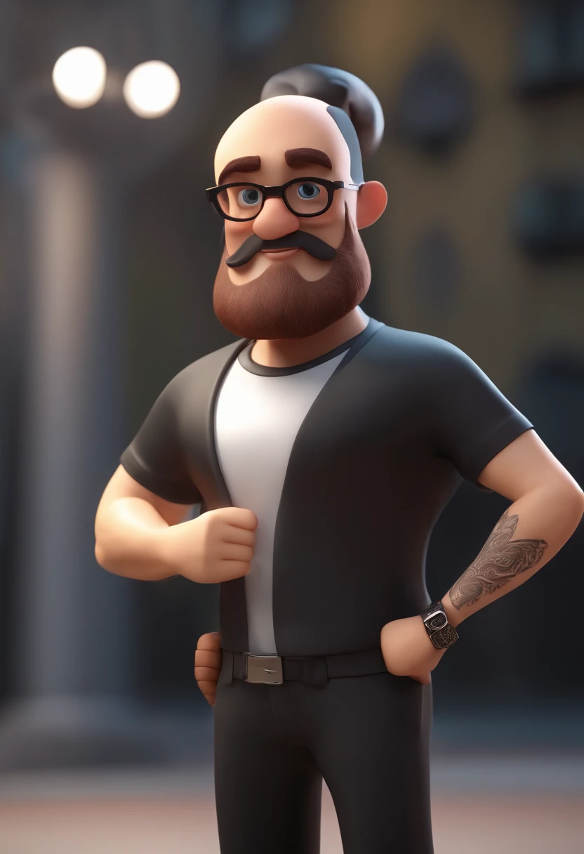 Cartoon character of a man with black glasses and a black polo shirt, cabelo liso, With beard and old school tattoo on his arm, animation character, Caractere estilizado, animation style rendering, 3D estilizado, Arnold Maya render, 3 d render stylized, toon render keyshot, Personagem 3D, Personagem 3D, 3d rendering stylized, 3 d character render, personagem de desenho animado, Personagem de close up, Pose de personagem,  (Estilo Pixar) (master part:1.2) (Bokeh) (best quality) (pele detalhada) (textura detalhada) (8k) (argila) (Cinematic lighting) (foco nítido