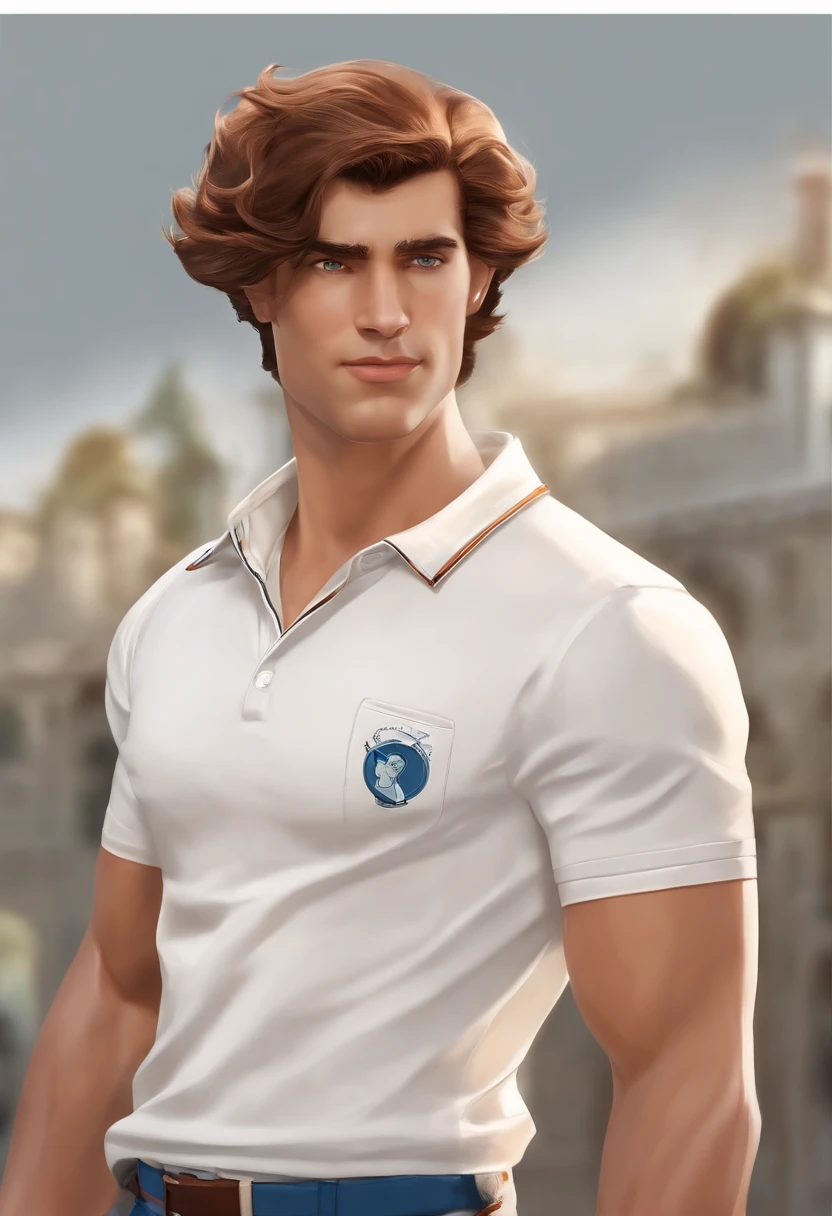 Personagem homem de desenho animado no estilo disney pixar, cabelo curto castanho claro, magro, branco, com fundo de fabrica , de camiseta polo cinza com detalhes azuis e laranja, with a tone of satire
