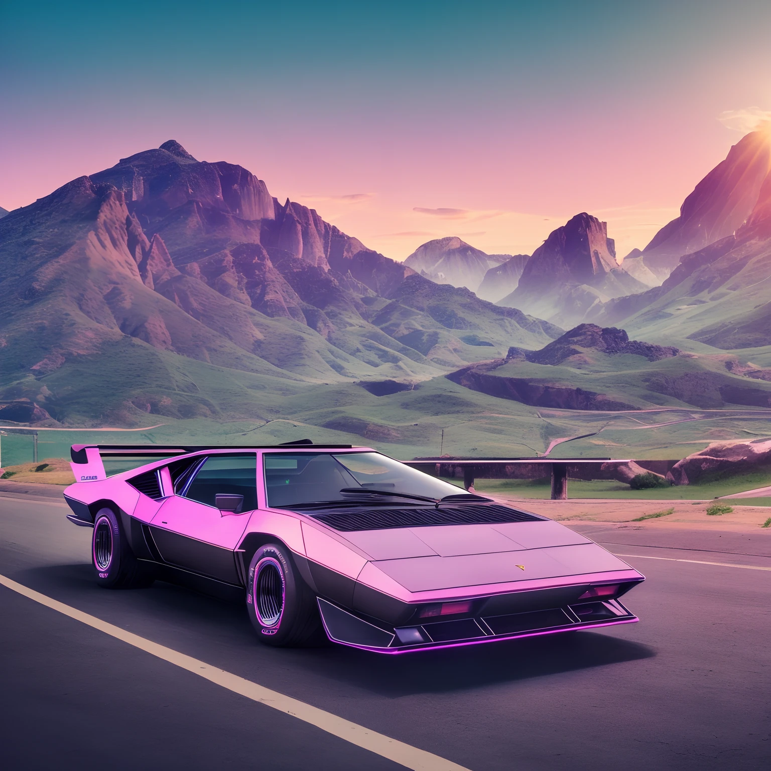 1982 Lamborghini Quantachi 500 S resurgence on the road, neon lights, sun, mountains,
  (masterpiece, detailed, top), (nvinkpunk: 1.2) supercaro, solo, stylo snthwve, onda de los, sunset, interior, altament detalhada (purple and green colors)