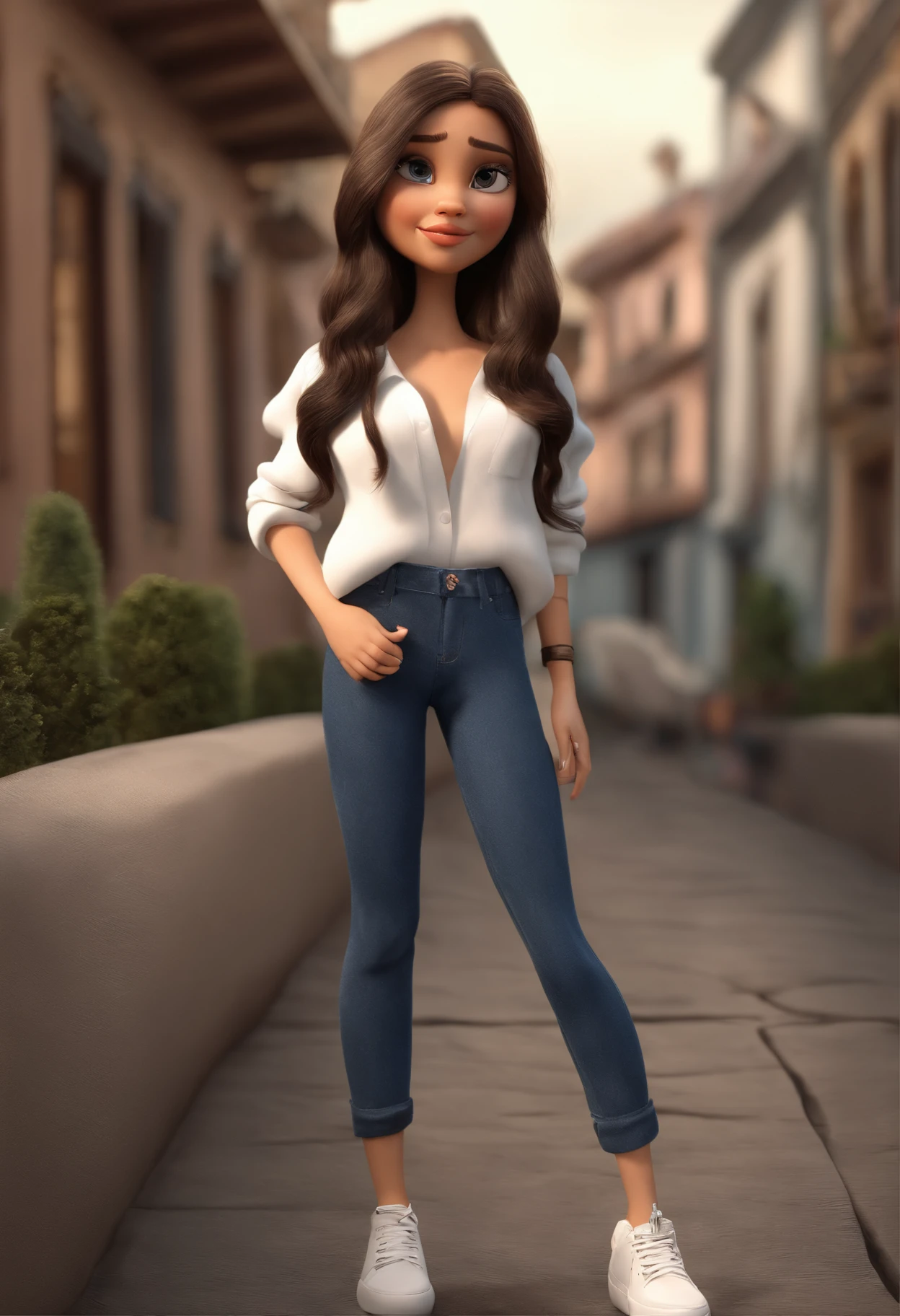 Uma , standing long hair, liso, black vestindo uma camisa, Denim Jeans Pants, tenis branco, segurando uma flauta, fundo branco, barnet, toon, estilo pixar, 3d, desenhos animados, rosto detalhado, asymmetrical 16k
