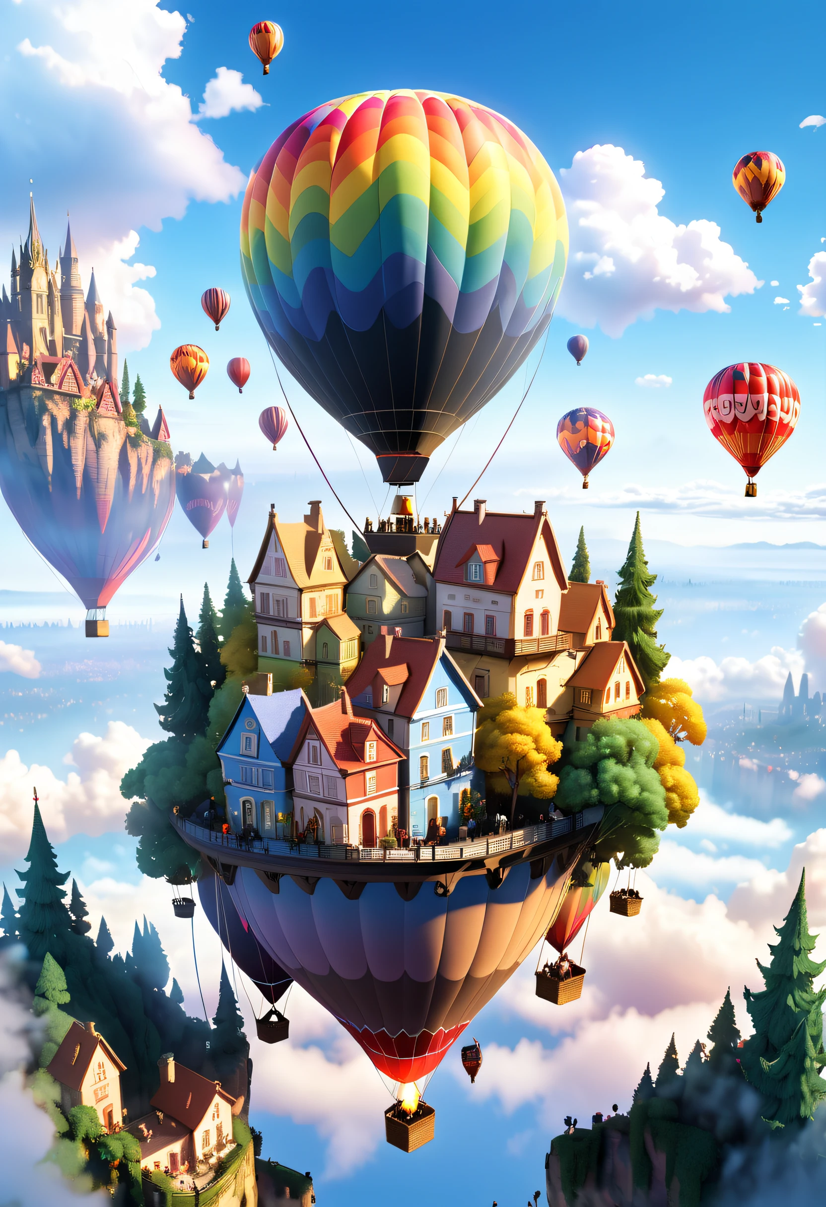 Imagine that,A fairytale forest town hovers above the clouds,Reflects the color of the sky。The town may have bridges and sidewalks that connect different buildings,(There is a huge, spectacular and incomparably showy hot air balloon and other floating objects floating in the sky: 1.5)。The painting can have a dreamy and serene atmosphere,Soft clouds and brightly colored RGB color palettes, (Ghibli-like colors, Cinematic lighting, first person perspective, angle of view, in a panoramic view, Ultra-wide angle, hyper HD, Anatomically correct, Masterpiece, ccurate, Award-Awarded, Best quality),