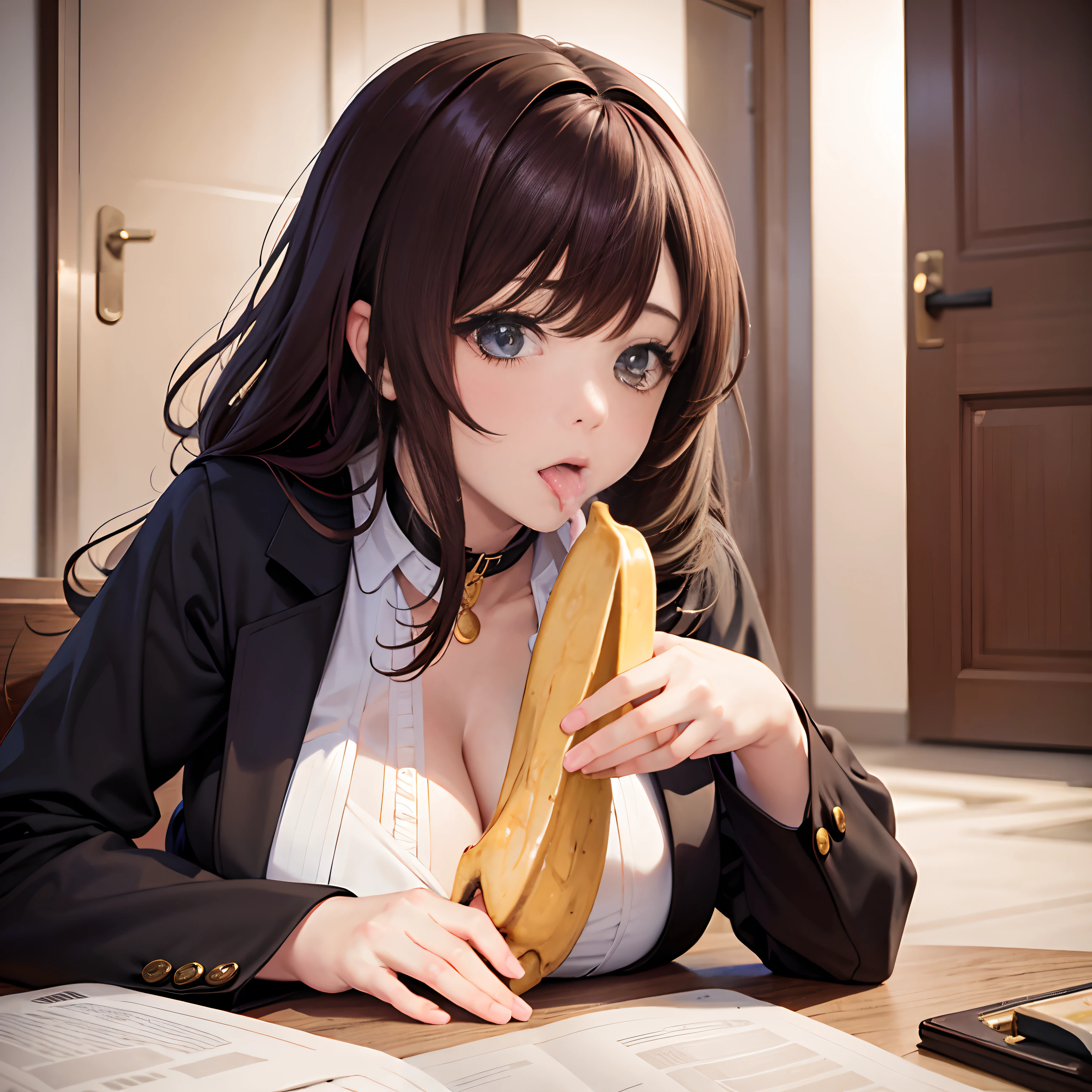 tmasterpiece,best qualityer,A girl licks a banana,huge tit
