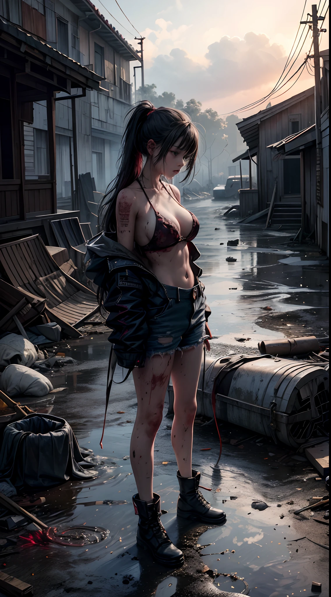 best quality, extremely detailed, HD, 8k, huge boobs, sexy, extremely intricate:1.3), cinematic lighting, rainy sunset, 1 girl, A girl stands praying with her dirty puppy in front of a ruined shrine, ((puppy)), ((dirty)), ((skeleton)) lying on the side of the road, (( ripped clothes)), (( dirty on clothes)), sad and gloomy atmosphere, ((side body view)), close view, blood,In this war-torn place filled with the smell of blood and the sound of footsteps, corpses are strewn everywhere, and wreckage, explosions and scars of conflict are scattered all over the place. The city is a testament to a dystopia, dilapidated and filthy beneath the rainy sunset. A young girl stands in prayer before a desecrated temple, her filthy puppy standing beside her. There was a corpse lying on the roadside, his clothes were in tatters, a sad and desolate sight. There's a heavy melancholy in the air, accentuated by close-ups of grimy clothes and bloodied dead bodies.,b1mb0