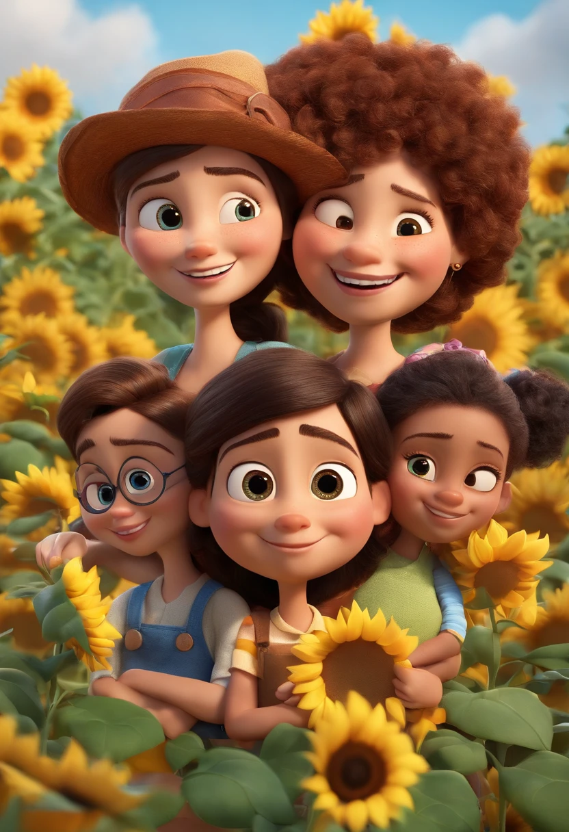 Create a Disney PIXAR-style 3D poster. ((Twin image center)), as meninas tem 15 anos, ((2 children)) ((1 menino no meio e 2 meninas ao lado, They're hugging each other, O menino tem 12 ano pele castanha e cabelos castanhos escuros e olhos castanhos escuros, 1 mother has fair skin, olhos e cabelos castanhos claros e cacheados, e a outra menina tem pele morena, olhos escuros e cabelos escuros e lisos)) ((tudo isso no estilo Disney PIXAR 3D, In the background, A house of sunflowers, Gloria Studio, The garden is full of nature 3D render RTX clay material, estilo de design cartunesco, POP Mart, soft lighting, linhas suaves, Spring tilt, Detailed illustrations of PIXAR 3D, Detalhes hiper-realistas, cor quente no estilo Disney PIXAR 3D)), ((Man has brown skin is bald, He wears glasses and is 31 years old)), ((a mulher tem a pele clara 32 anos, cabelos longos cacheados, olhos castanhos claros e usa vestido))