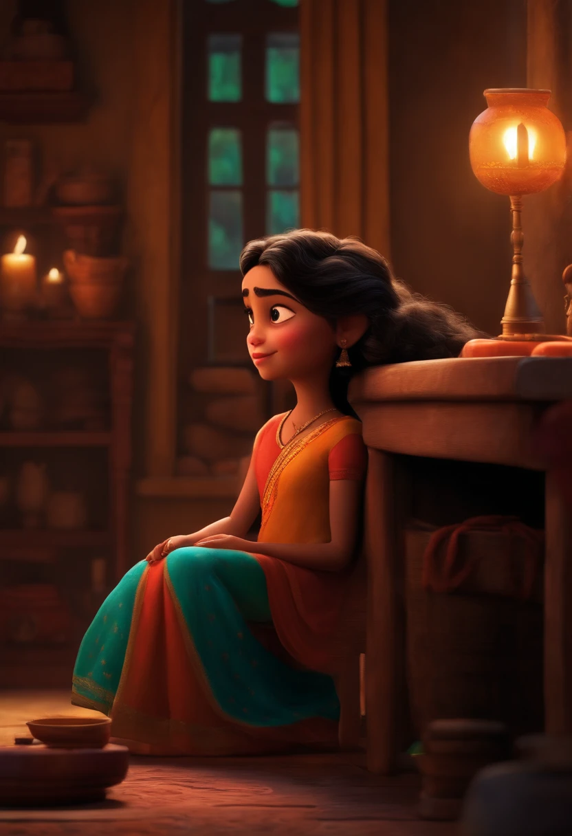 Um filme inspirado na Disney Pixar (MENINA india JOVEM COM CABELO LONGO PRETO) dentro A cena estar na arte distinta do estilo PIXAR, descolada e estilosa