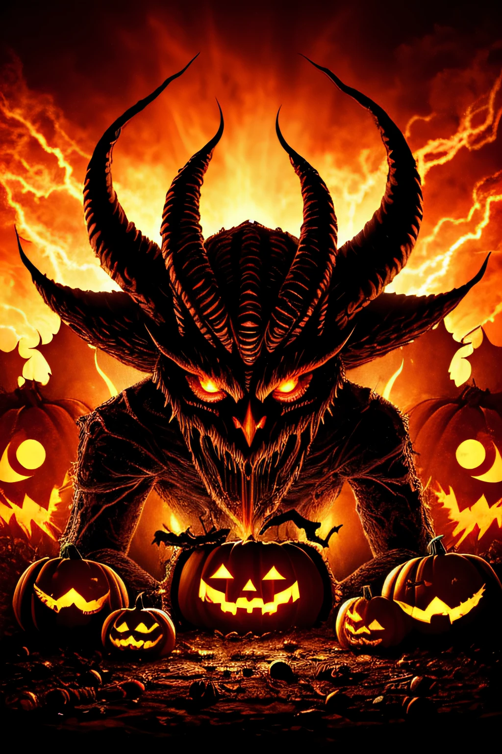 A psychedelic monster from hell emerging from the shadows, this Halloween, he is terrifying and mysterious. It's very detailed and textured. The atmosphere is hot and colored dust is suspended, there are pumpkins with red eyes