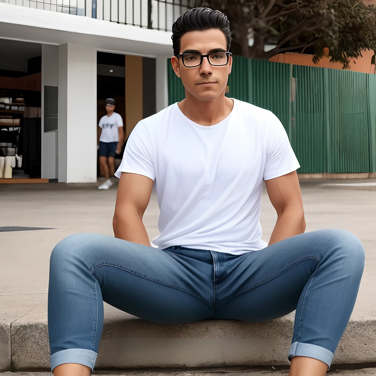 Homem branco, 1,80 metros, pouco acima do peso, olhos verdes, cabelos castanho claro e um pouco grisalhos. wears glasses, Black t-shirt and jeans and sneakers