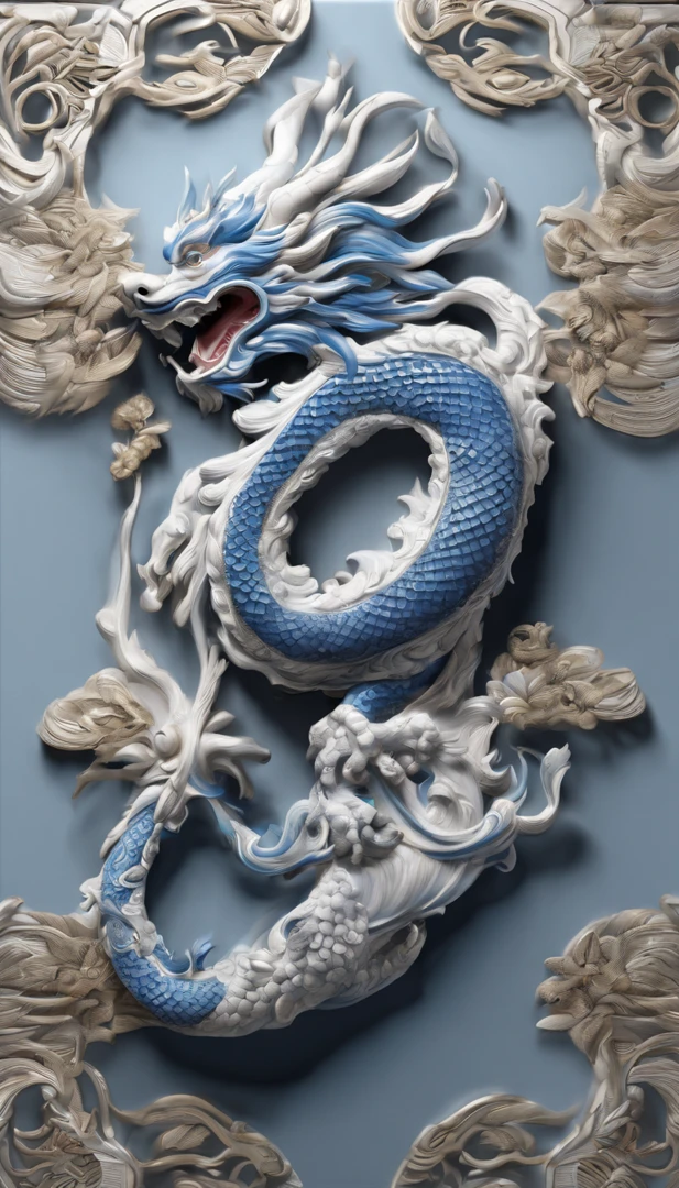 Blue and white porcelain,Ceramic Chinese dragon，Ancient style，artwork of a，jewelry，Ornaments， High detail, .3D， Chiaroscuro, Cinematic lighting, god light, Cinematic lighting, hyper HD, High details, Best quality, A high resolution, Textured skin