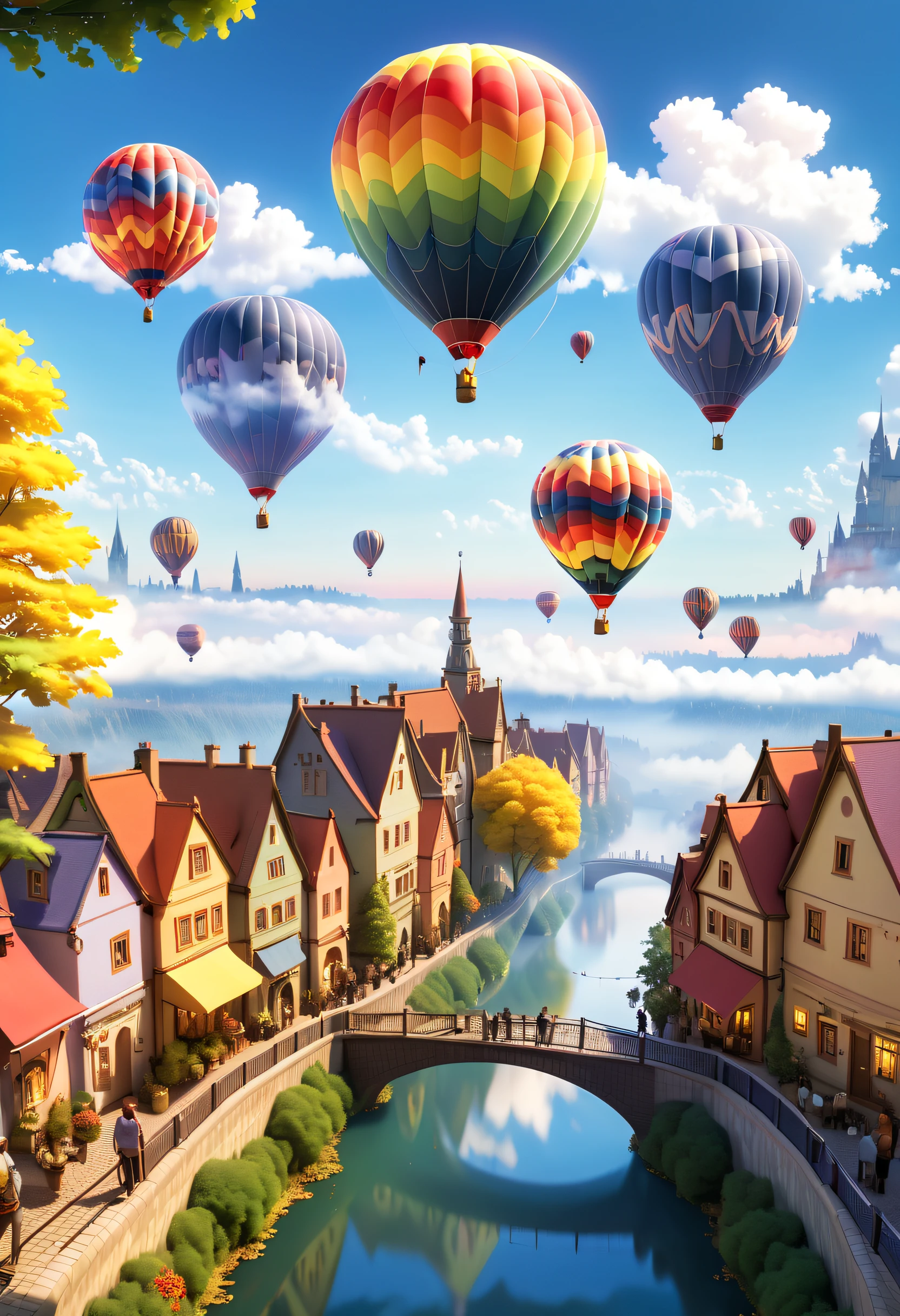 Imagine that,A fairytale forest town hovers above the clouds,Reflects the color of the sky。The town may have bridges and sidewalks that connect different buildings,(There is a huge, spectacular and incomparably showy hot air balloon and other floating objects floating in the sky: 1.5)。The painting can have a dreamy and serene atmosphere,Soft clouds and brightly colored RGB color palettes, (Ghibli-like colors, Cinematic lighting, first person perspective, angle of view, in a panoramic view, Ultra-wide angle, hyper HD, Anatomically correct, Masterpiece, ccurate, Award-Awarded, Best quality),