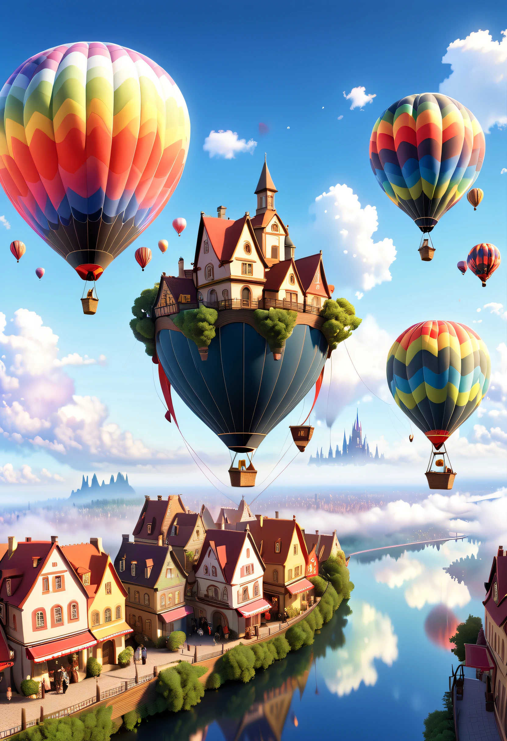 Imagine that,A fairytale forest town hovers above the clouds,Reflects the color of the sky。The town may have bridges and sidewalks that connect different buildings,(There is a huge, spectacular and incomparably showy hot air balloon and other floating objects floating in the sky: 1.5)。The painting can have a dreamy and serene atmosphere,Soft clouds and brightly colored RGB color palettes, (Ghibli-like colors, Cinematic lighting, first person perspective, angle of view, in a panoramic view, Ultra-wide angle, hyper HD, Anatomically correct, Masterpiece, ccurate, Award-Awarded, Best quality),