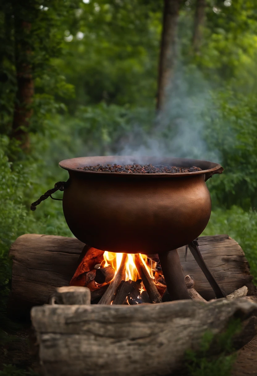 Iron cauldron over the fire in the center of the image with herbs around, sendo elas arruda, Guinea, peregum vermelho. A 7-day white candle on the left side of the cauldron. all on top of a rustic wooden table. It has a funereal and magical touch.