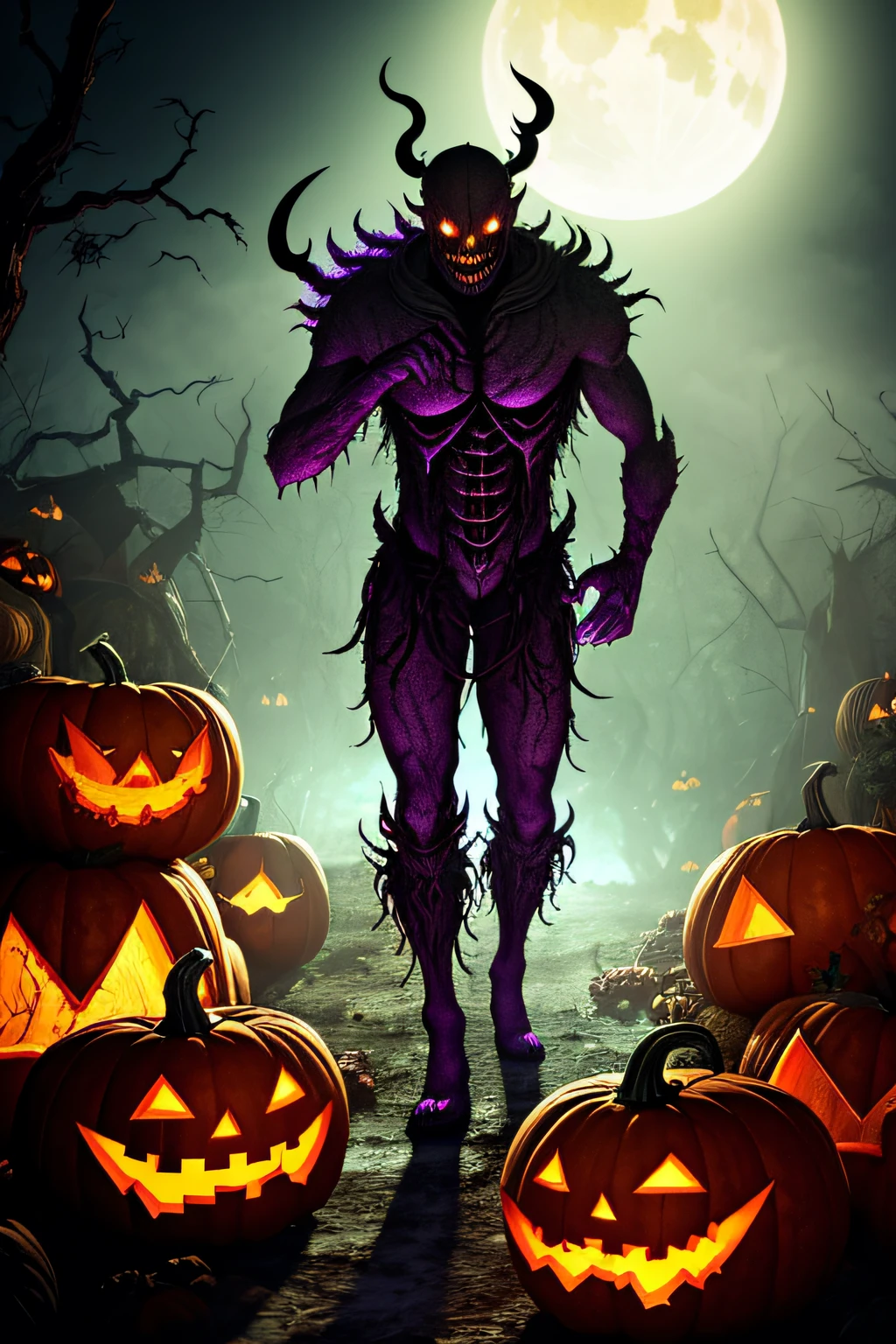 A psychedelic monster from hell emerging from the shadows, this Halloween, he is terrifying and mysterious. It's very detailed and textured. The atmosphere is hot and colored dust is suspended, there are pumpkins with red eyes