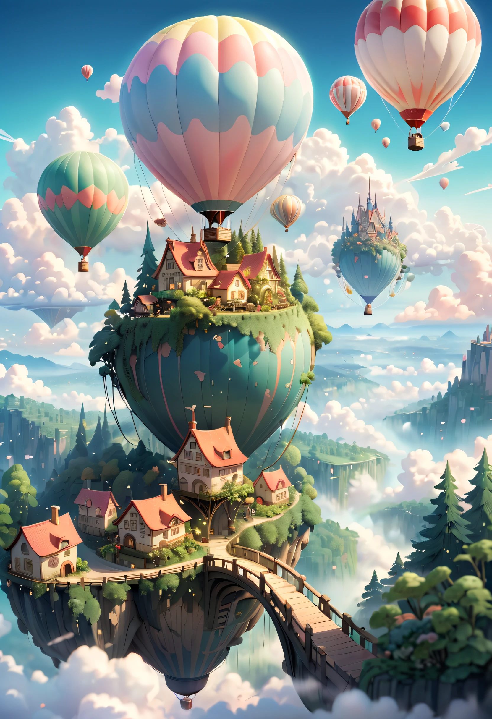 Imagine a fairy-tale forest town perched above the clouds, reflecting the colors of the sky. The town could have bridges and walkways connecting different buildings, with a magnificent and unparalleled hot air balloon and other floating objects hovering in the sky. This artwork exudes a dreamy and serene atmosphere, with soft clouds and a gentle color palette reminiscent of Studio Ghibli films. It captures the essence of cinematic lighting, presented in a first-person perspective, panoramic, ultra-wide-angle, ultra-high-definition format, showcasing anatomical accuracy. It's a masterpiece, known for its exceptional quality and has won numerous awards.