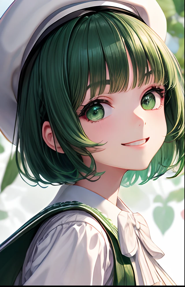 girl with、No background、without background、Background through、Green hair、Green hair、short-cut、bob cuts、Subject bangs、Aligned bangs、Sareme、drooping eyebrows、Green eyes、Green eyes、White uniform、White Lolita Fashion、Onepiece、beret、White cap、Striped ribbon、A smile、kawaii、without background