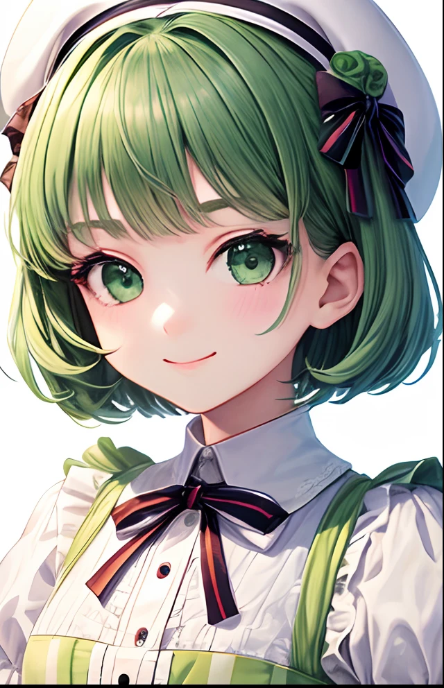 girl with、No background、without background、Background through、Green hair、Green hair、short-cut、bob cuts、Subject bangs、Aligned bangs、Sareme、drooping eyebrows、Green eyes、Green eyes、White uniform、White Lolita Fashion、Onepiece、beret、White cap、Striped ribbon、A smile、kawaii、without background