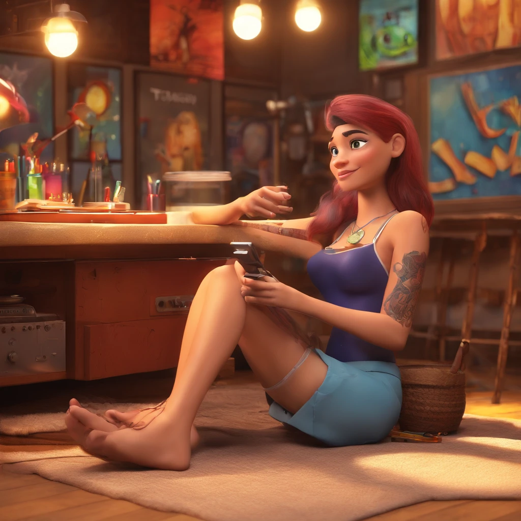 create a 3D movie poster inspired by Disney Pixar, The scene should be in Pixar's signature digital art style, com uma imagem caricatural que lembra a cantora brasileira "Anita" in the prone position, Wearing a bikini while a tattoo artist is sitting tattooing with a giant ring on one hand, inside a tattoo parlor.