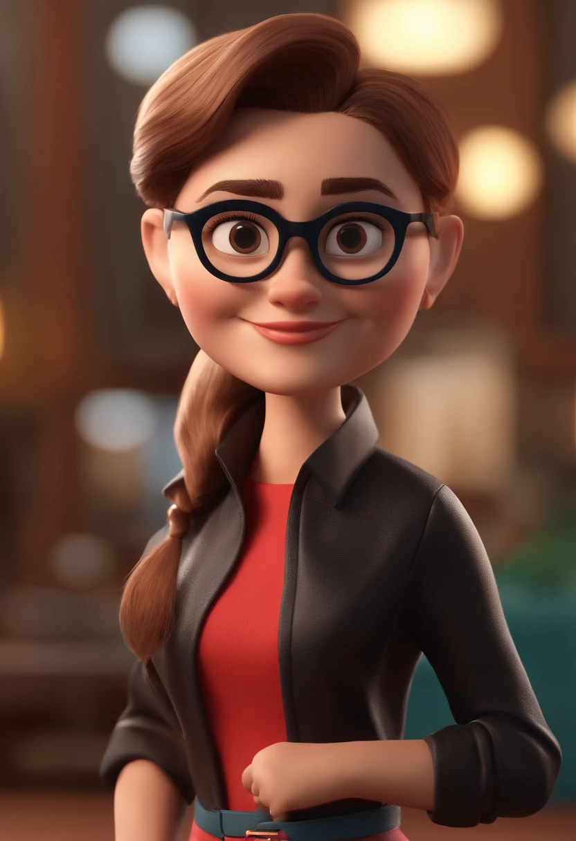 Cartoon character of a woman in with black glasses and a red shirt Animation character, Caractere estilizado, animation style rendering, 3D estilizado, Arnold Maya render, 3 d render stylized, toon render keyshot, Personagem 3D, Personagem 3D, 3d rendering stylized, 3 d character render, personagem de desenho animado, Personagem de close up, Pose de personagem,  (Estilo Pixar) (master part:1.2) (Bokeh) (best quality) (pele detalhada) (textura detalhada) (8k) (argila) (Cinematic lighting) (foco nítido