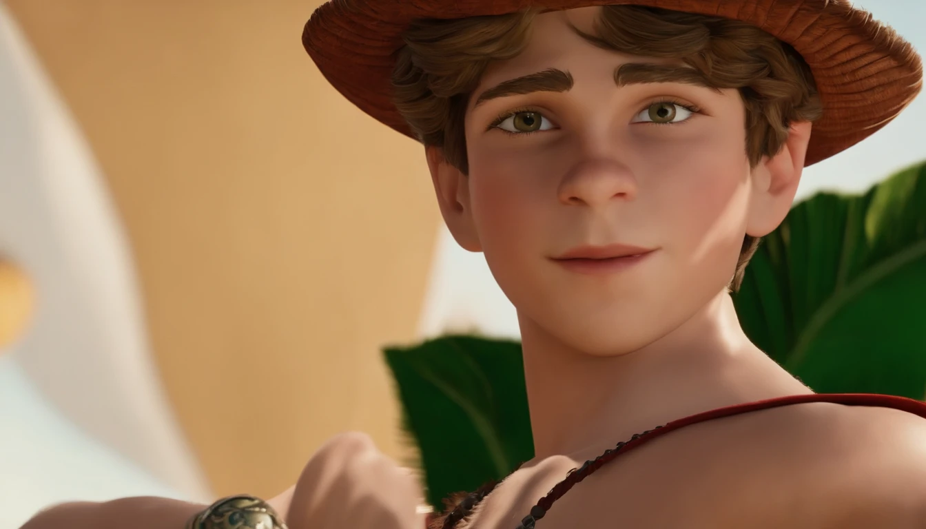 obra-prima, melhor qualidade, 1boy, peter pan, solo, closeup, cabelo curto, cabelo castanho, camisa do flamengo, mangas curtas, hat feather, foco masculino, orelhas normais,