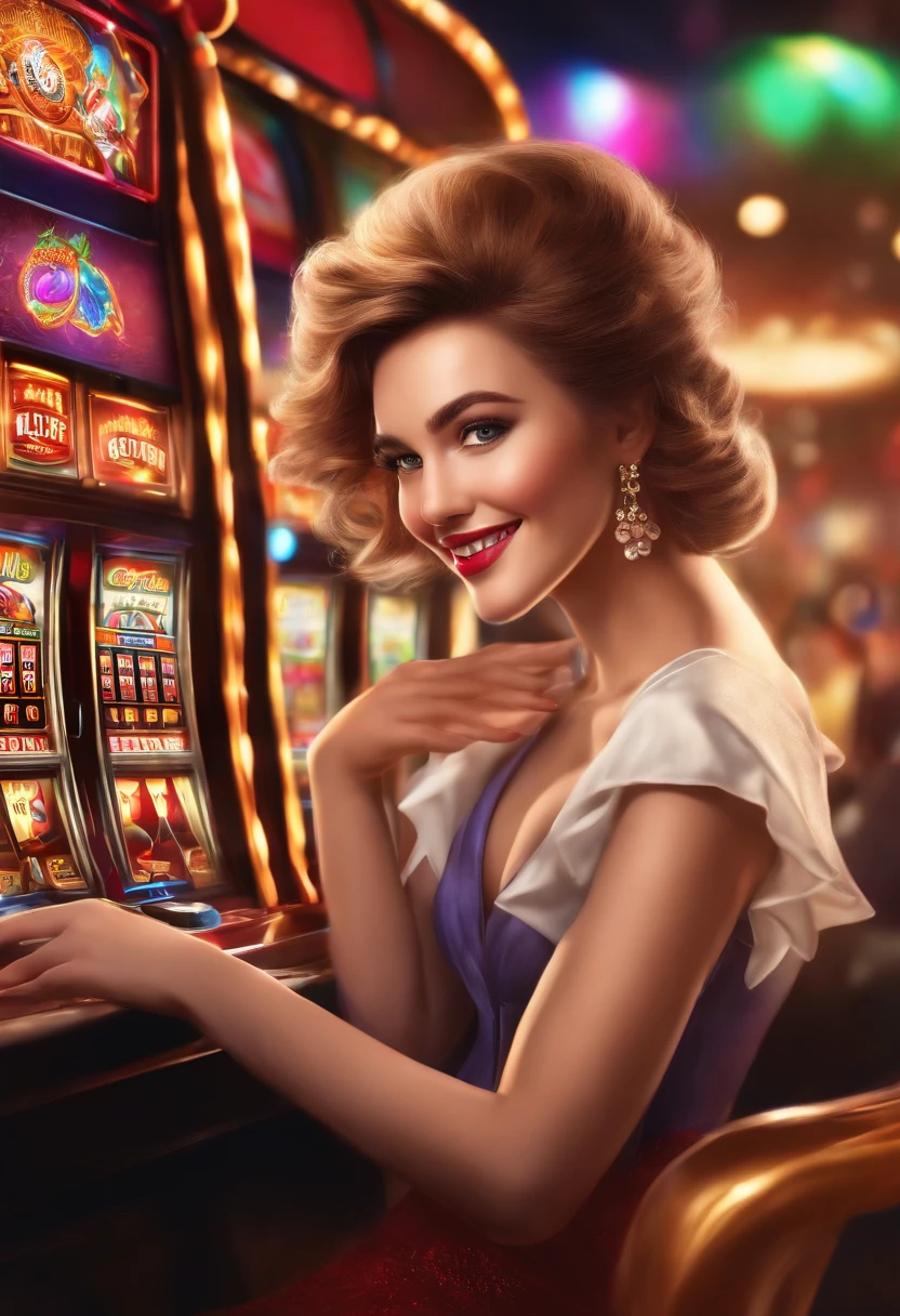 A girl handing a book, surrounded by colorful slot machines, vibrant casino lights, and excited crowds. She is wearing a stylish outfit and has a big smile on her face. The atmosphere is filled with anticipation and joy. The slot machines are made of high-quality materials and have eye-catching designs. The girl's detailed eyes and lips add depth to her expression, making her look even more thrilled. The artwork is created using a combination of digital illustration and realistic 3D rendering techniques, resulting in a visually stunning masterpiece. The colors are vivid and vibrant, creating a lively and energetic atmosphere. The lighting is carefully set to enhance the excitement and create a sense of drama. The overall image quality is of the best possible standard, with ultra-detailed elements and sharp focus. The final result is a high-resolution artwork that captures the thrilling experience of playing slot games on MaximZocktSlots.
