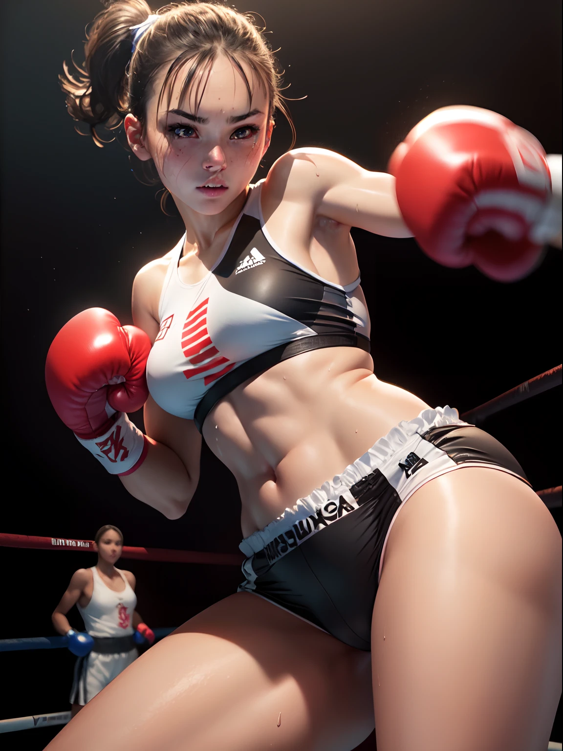 Best Quality, masutepiece,  High resolution, (Photorealistic:1.4), Raw photo, 1 beautiful girl ,Dynamic Angle,Female boxer ,small head, nice legs,Glowing skin, Sweat,At the boxing venue,(Detailed beautiful face:1.4),detailed skins,Detailed eyes,detailed hairs,Punch your fist straight,Cute Girl,Pretty