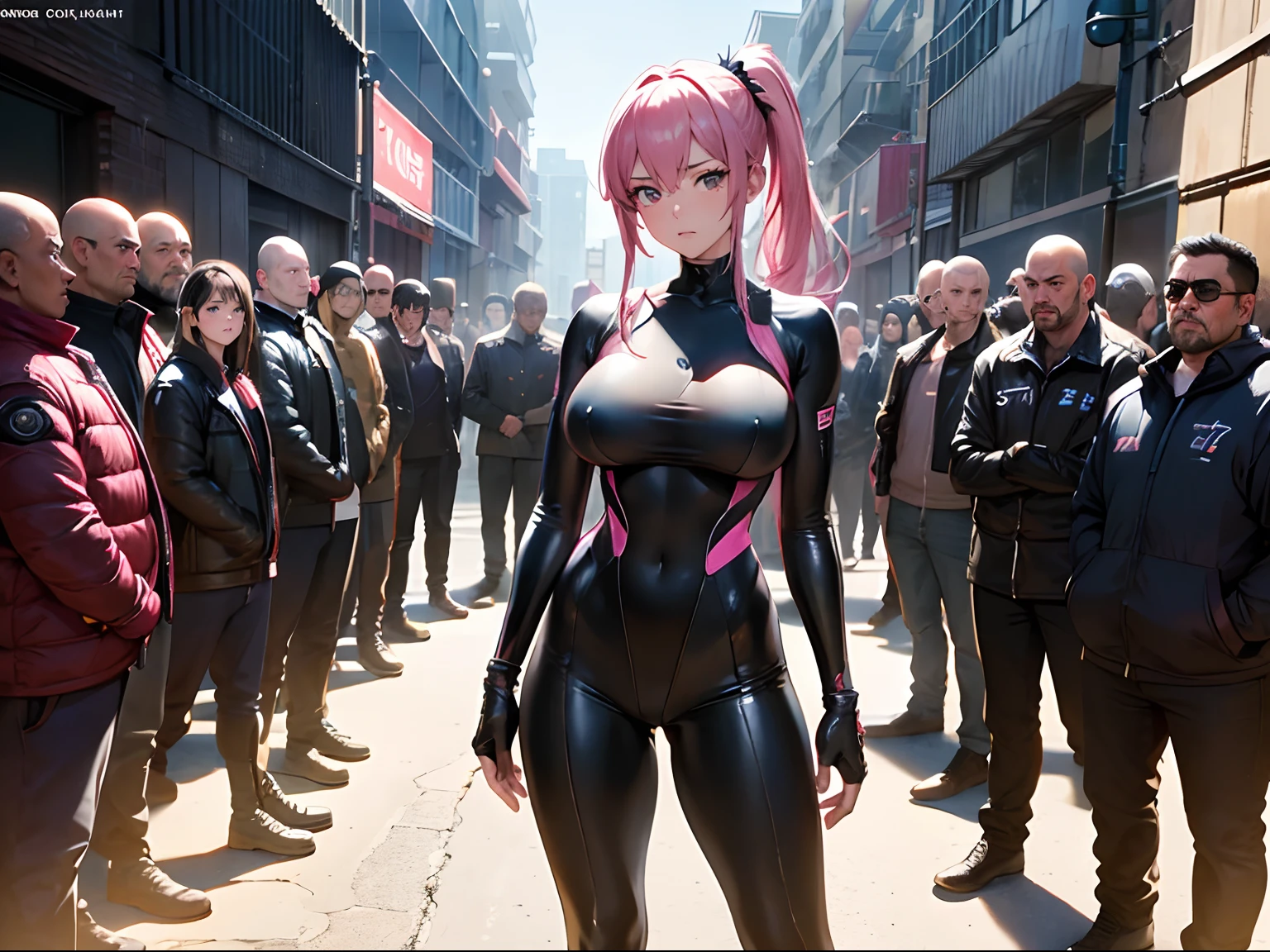 (Best quality,4K,8K,A high resolution,Masterpiece:1.2),Ultra-detailed,(Realistic,Photorealistic,photo-realistic:1.37),hdr,hyper HD,Studio lighting,Ultra-fine painting,Sharp focus,Physically-based rendering,Extreme detail description,professional,,Horror,anime big breast,Sci-fi,Photography,Concept artist,Five fingers,huge tit,Buttock augmentation,Bursting chest,A 20-year-old woman faces a large group of men,Dirt and long legs,Fitness model,She struck a fighting stance, Clench your hands into fists,Side Body, Pink ponytail,The whites of the eyes and pupils are clearly colored,Height 175cm,Fair skin,Nervous and shy expression,Black latex bodysuit,Standing in the alley in the middle of the night, big vista,View from above,Look down from above, ((The men looked at her intently:1.5)), ((These people all put on a fighting posture:1.5)),((The men gathered around her in a circle:1.5)), Standing in Cospali Promotions,All roles,Shot with Canon 5D MK4,Cospali photo.