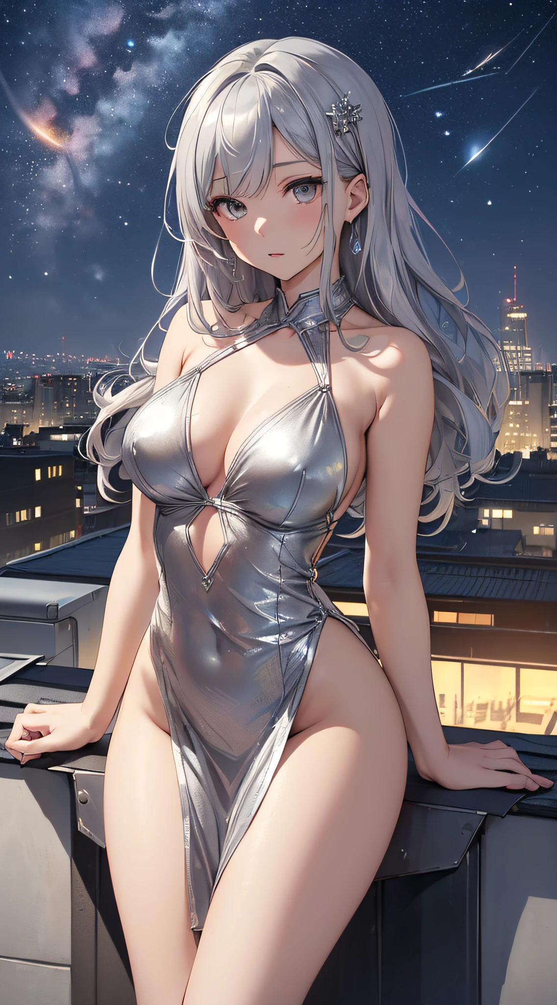 top-quality、Top image quality、masterpiece、girl with((sixteen years old、Best Bust、small tits,beautiful silver eyes、Breasts wide open,Silver-haired shorthair、Bundled hair、A slender、Large valleys、Silver Bikini、Silver dress,Slouching posture、Silver short skirt、Reflecting the whole body))hiquality、Beautiful Art、Background with((On the rooftop、Beautiful night view、meteors)))masutepiece、visualart、depth of fields、