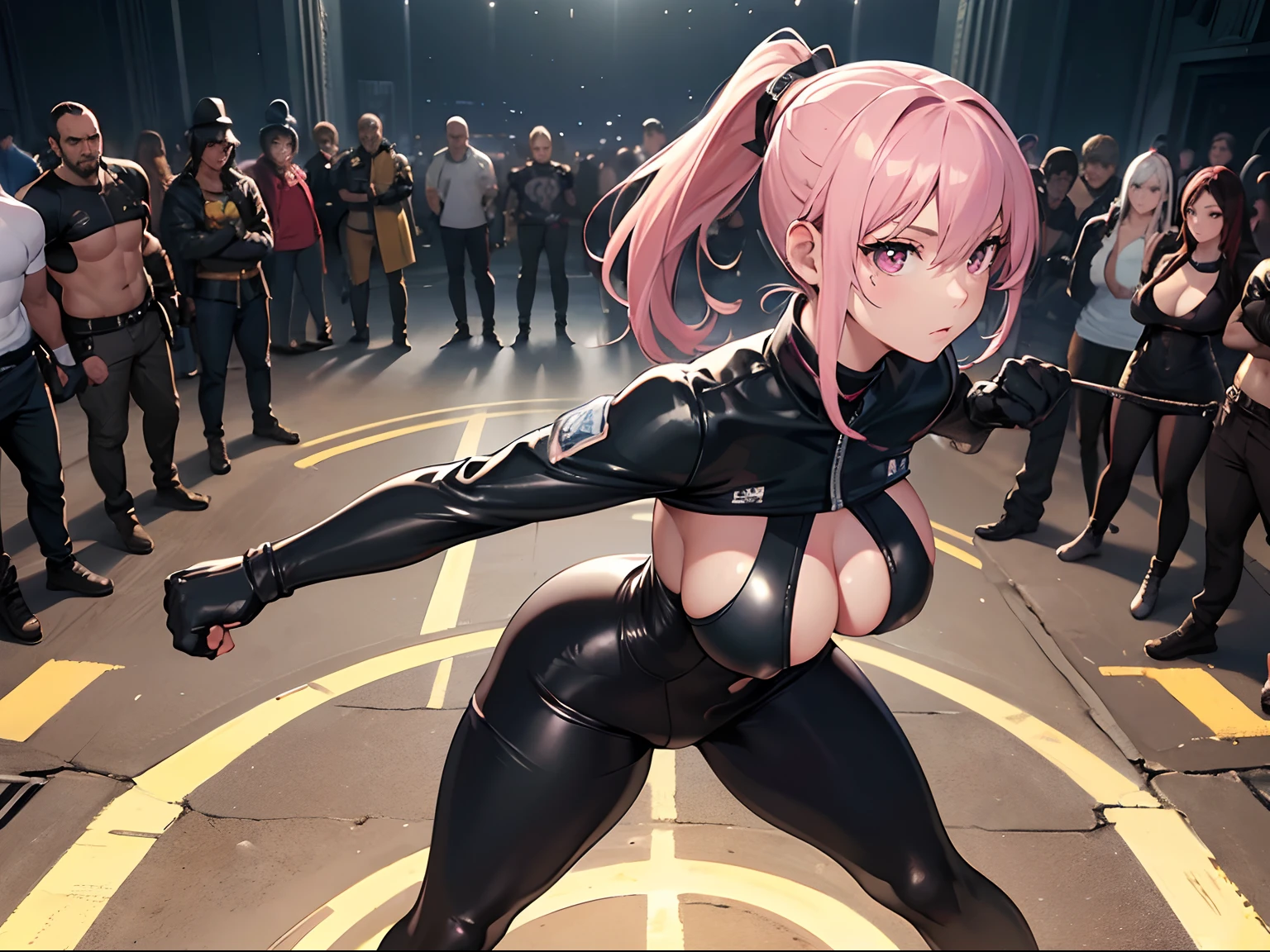 (Best quality,4K,8K,A high resolution,Masterpiece:1.2),Ultra-detailed,(Realistic,Photorealistic,photo-realistic:1.37),hdr,hyper HD,Studio lighting,Ultra-fine painting,Sharp focus,Physically-based rendering,Extreme detail description,professional,,Horror,anime big breast,Sci-fi,Photography,Concept artist,Five fingers,huge tit,Buttock augmentation,Bursting chest,A 20-year-old woman faces a large group of men,Dirt and long legs,Fitness model,She struck a fighting stance, Clench your hands into fists,Side Body, Pink ponytail,The whites of the eyes and pupils are clearly colored,Height 175cm,Fair skin,Nervous and shy expression,Black latex bodysuit,Standing in the alley in the middle of the night, big vista,View from above,Look down from above, ((The men looked at her intently:1.5)), ((These people all put on a fighting posture:1.5)),((The men gathered around her in a circle:1.5)), Standing in Cospali Promotions,All roles,Shot with Canon 5D MK4,Cospali photo.