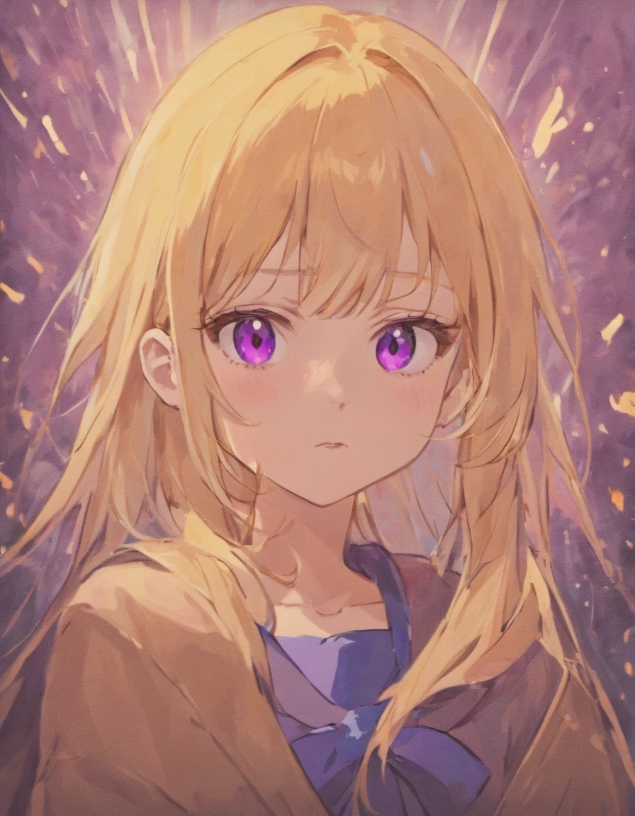 Girl in her late teens in school uniform。Hair is purple、The color of the eyes is gold。Eyes are golden。The eyes are golden。Hair is medium hair、Breasts are big。Mole under the left eye。Well-formed face。deadpan。cool expression。a cold expression。Her eyes are golden。The presence of a mole under the left eye。tall。
