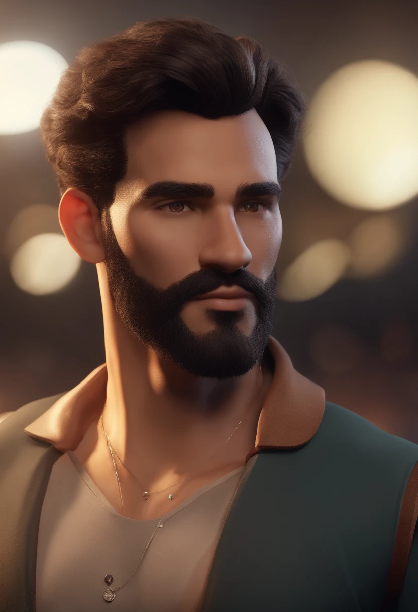 Personagem de desenho animado de um homem branco, Skinny Athletic, cabelo curto, cabelo preto, barba curta, barba preta, sorridente, nariz afilado, olhos castanhos, sobrancelhas claras, um personagem animado, Caractere estilizado, animation style rendering, 3D estilizado, Arnold Maya render, 3 d render stylized, toon render keyshot, Personagem 3D, Personagem 3D, 3d rendering stylized, 3 d character render, personagem de desenho animado, Personagem de close up, Pose de personagem, (Estilo Pixar) (master part:1.2) (Bokeh) (best quality) (pele detalhada) (textura detalhada) (8k) (argila) (Cinematic lighting) (foco nítido,Senta e vaza a parte superior do corpo