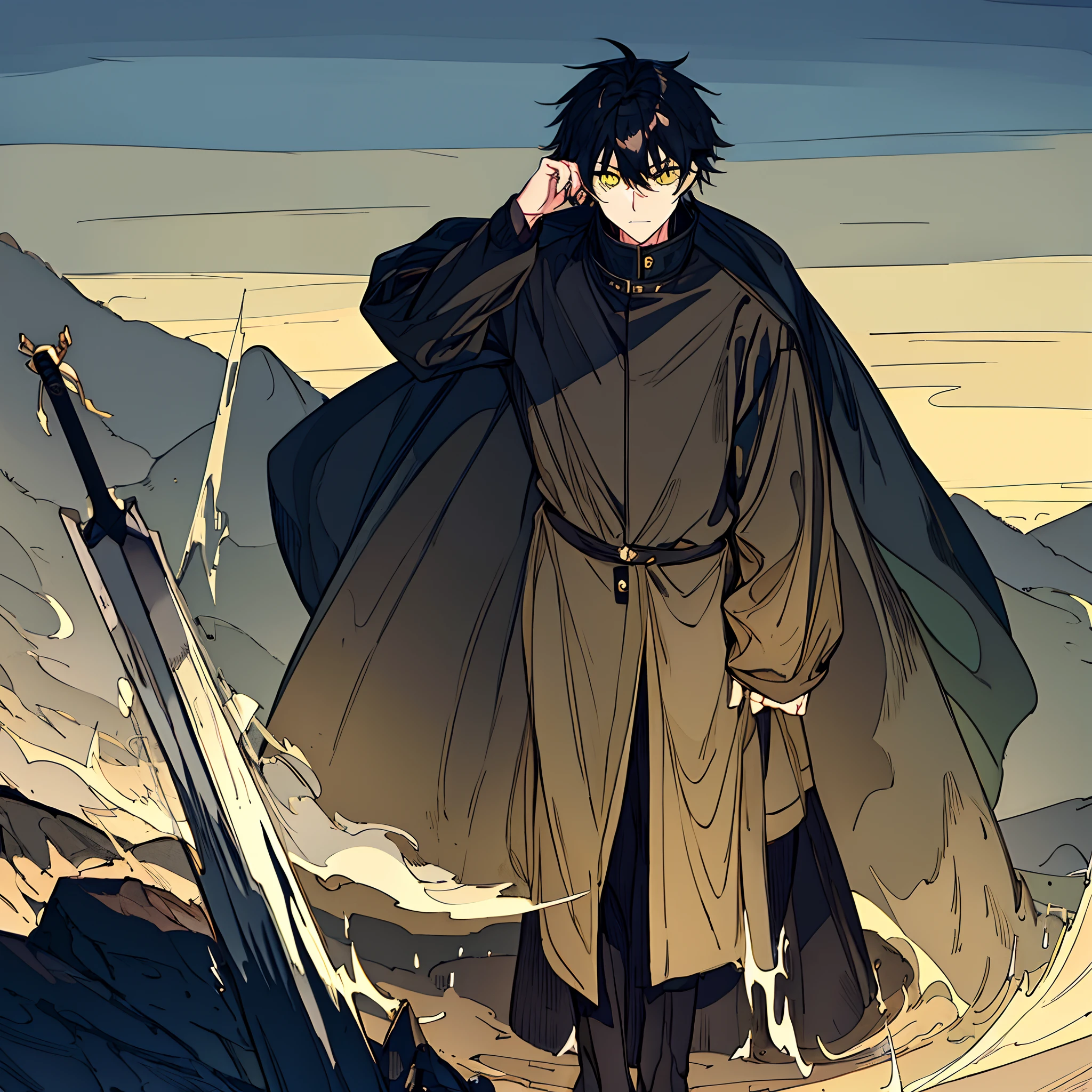 a man, 159cm tall, dark green parka jacket, gray trousers, black underwear, black boots, carrying a large sword in his hand, black hair parted in the middle, sharp yellow eyes, alone at the tip of a towering mountain, highest image quality,
