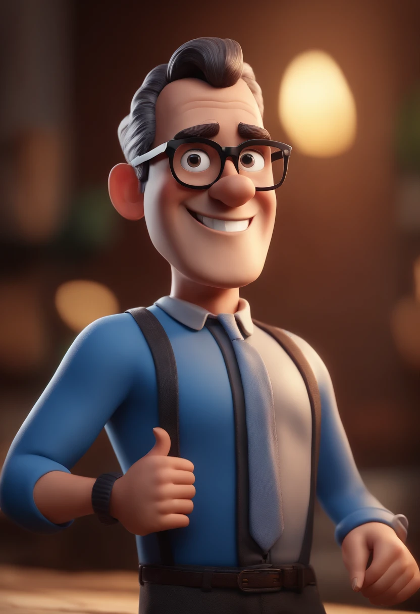 Cartoon character of a man with black glasses and a blue shirt, animation character, Caractere estilizado, animation style rendering, 3D estilizado, Arnold Maya render, 3 d render stylized, toon render keyshot, Personagem 3D, Personagem 3D, 3d rendering stylized, 3 d character render, personagem de desenho animado, Personagem de close up, Pose de personagem,  (Estilo Pixar) (master part:1.2) (Bokeh) (best quality) (pele detalhada) (textura detalhada) (8k) (argila) (Cinematic lighting) (foco nítido