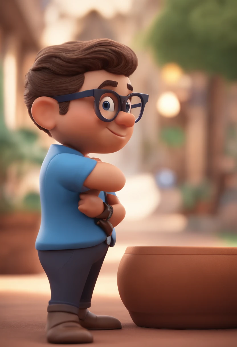 Cartoon character of a man wearing black glasses and a blue shirt, um personagem animado, Caractere estilizado, animation style rendering, 3D estilizado, Arnold Maya render, 3 d render stylized, toon render keyshot, Personagem 3D, Personagem 3D, 3d rendering stylized, 3 d character render, personagem de desenho animado, Personagem de close up, Pose de personagem, (Estilo Pixar) (master part:1.2) (Bokeh) (best quality) (pele detalhada) (textura detalhada) (8k) (argila) (Cinematic lighting) (foco nítido，Senta e vaza a parte superior do corpo