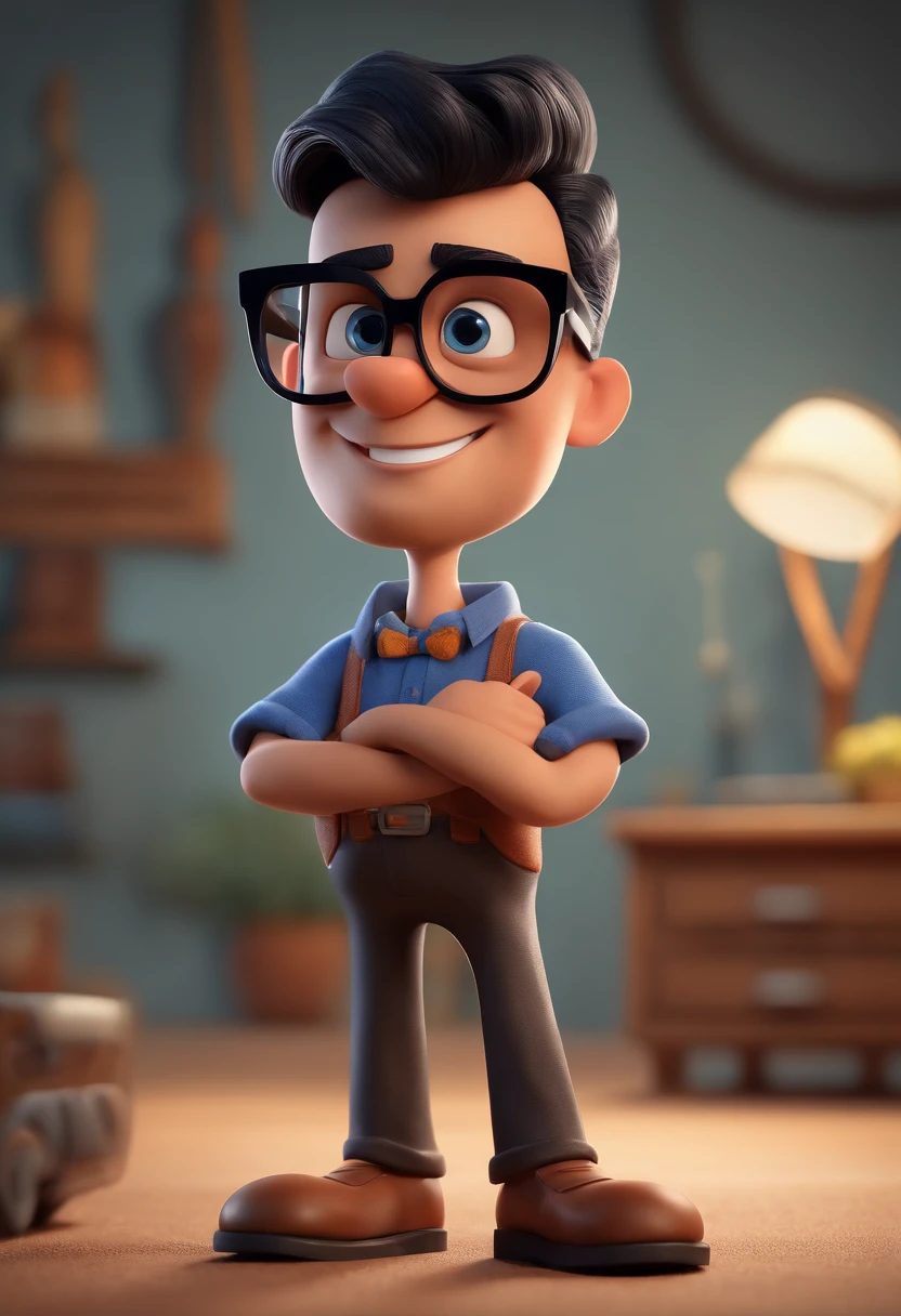 Cartoon character of a man with black glasses and a blue shirt, animation character, Caractere estilizado, animation style rendering, 3D estilizado, Arnold Maya render, 3 d render stylized, toon render keyshot, Personagem 3D, Personagem 3D, 3d rendering stylized, 3 d character render, personagem de desenho animado, Personagem de close up, Pose de personagem, (Estilo Pixar) (master part:1.2) (Bokeh) (best quality) (pele detalhada) (textura detalhada) (8k) (argila) (Cinematic lighting) (foco nítido