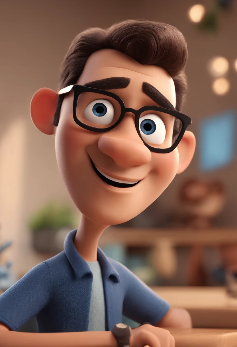 Cartoon character of a man with black glasses and a blue shirt, animation character, Caractere estilizado, animation style rendering, 3D estilizado, Arnold Maya render, 3 d render stylized, toon render keyshot, Personagem 3D, Personagem 3D, 3d rendering stylized, 3 d character render, personagem de desenho animado, Personagem de close up, Pose de personagem,  (Estilo Pixar) (master part:1.2) (Bokeh) (best quality) (pele detalhada) (textura detalhada) (8k) (argila) (Cinematic lighting) (foco nítido