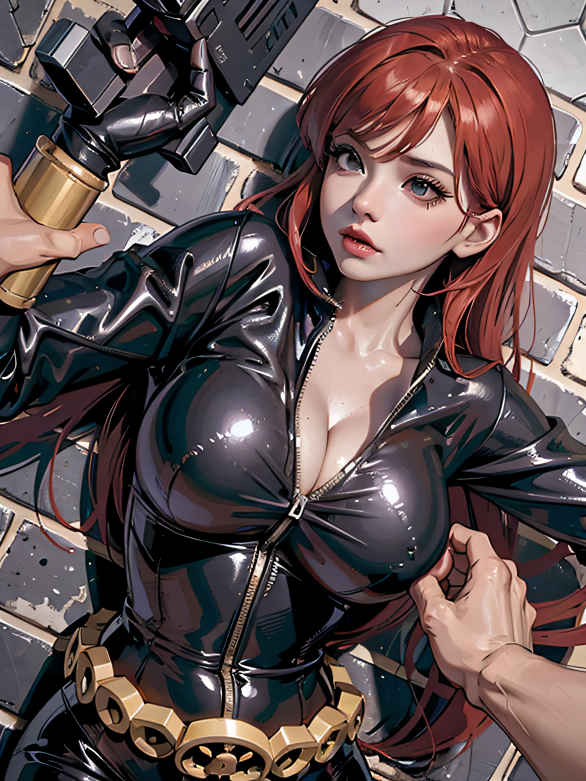 a digital illustration of a woman with red hair, wearing a skin-tight shiny black latex bodysuit with a low-cut neckline revealing a large chest. Her body is curvy, and she is brandishing a gun in her right hand. she is being pushed against the wall by a man. She is really scared. Her bodysuit is detailed with a belt. The gun she is holding has a distinctive design detail. The background of the image features a brick wall.