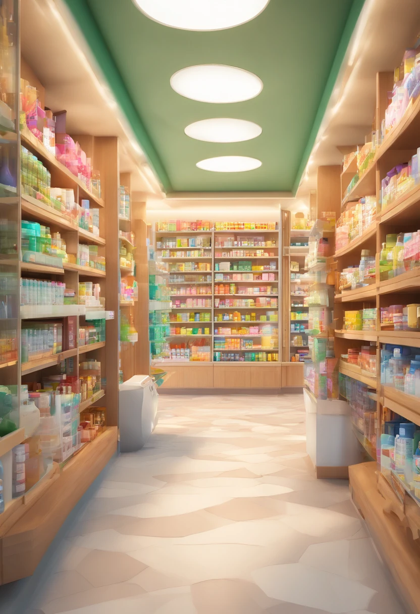 pharmacy, Smiling people inside the pharmacy, desenhando no estilo de Arte 3D, c4d, fundo de cor branco puro, estilo disney, estilo pixar render ilustracao Super Detalhe, 8k