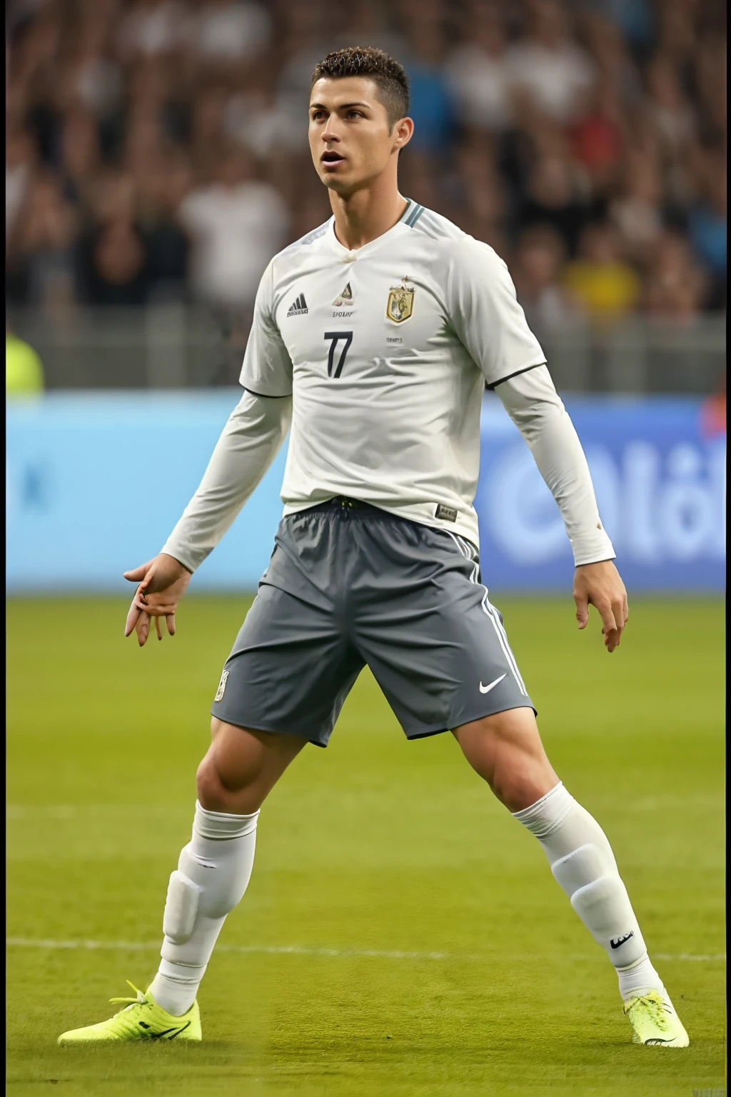 Imagem de um homem com uniforme de futebol em um campo, O jogador de futebol Cristiano Ronaldo, como personagem disney, sem estipe, ungina real, postura poderosa, Retrato de Cristiano Ronaldo, Scott Buoncristiano