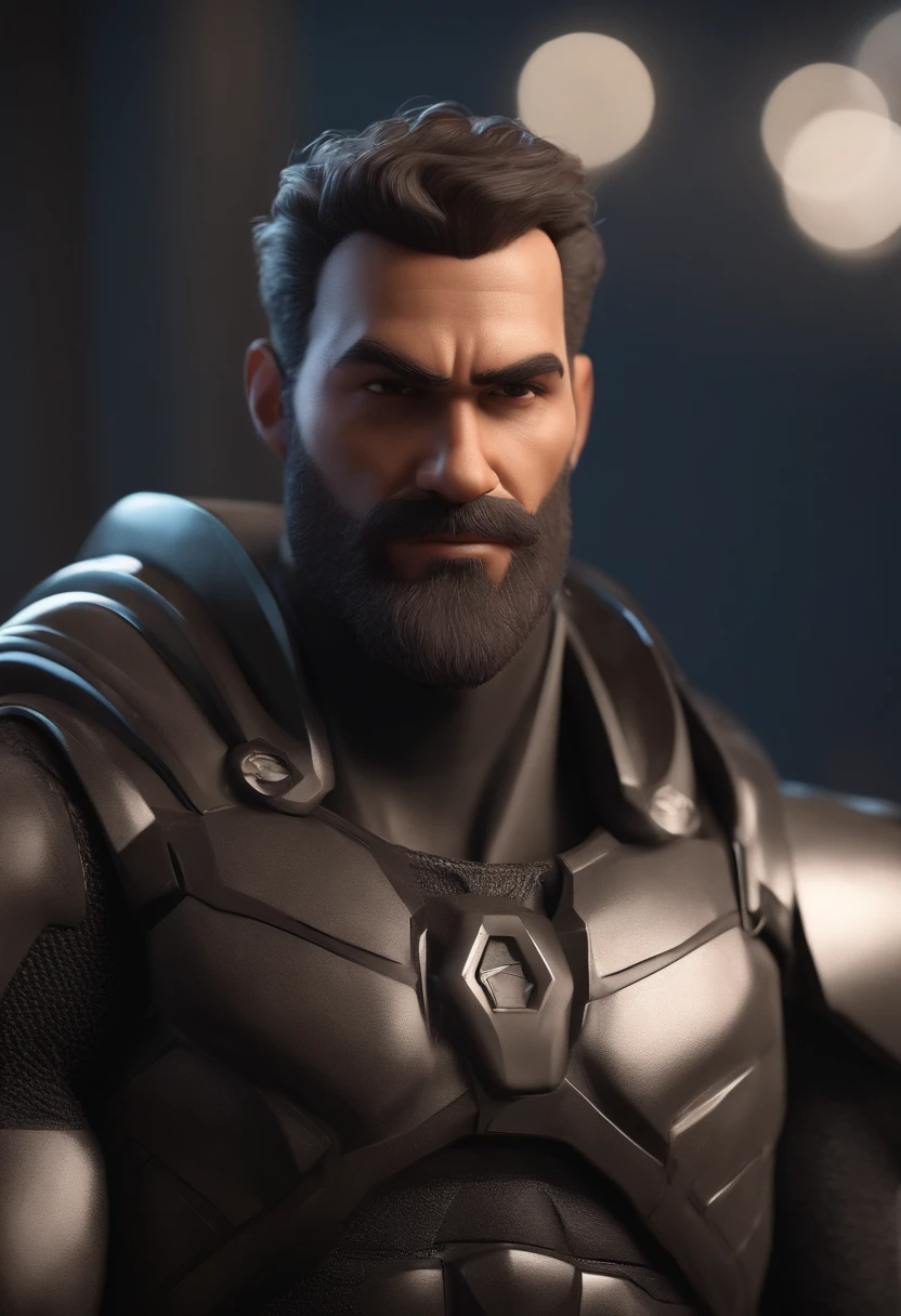 Personagem de desenho animado de um homem branco, Skinny Athletic, cabelo curto, cabelo preto, barba curta, barba preta, sorridente, nariz afilado, olhos castanhos, sobrancelhas claras, um personagem animado, Caractere estilizado, animation style rendering, 3D estilizado, Arnold Maya render, 3 d render stylized, toon render keyshot, Personagem 3D, Personagem 3D, 3d rendering stylized, 3 d character render, personagem de desenho animado, Personagem de close up, Pose de personagem, (Estilo Pixar) (master part:1.2) (Bokeh) (best quality) (pele detalhada) (textura detalhada) (8k) (argila) (Cinematic lighting) (foco nítido,Senta e vaza a parte superior do corpo