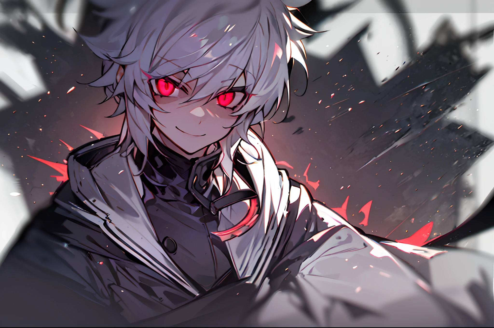 hight resolution,close range、Anime boy with white hair and red eyes staring at camera, Glowing red eyes,slim, dressed in a black outfit,Shadow Body,de pele branca,monochromes,hair messy,Aggressive smile、Diagonal angle